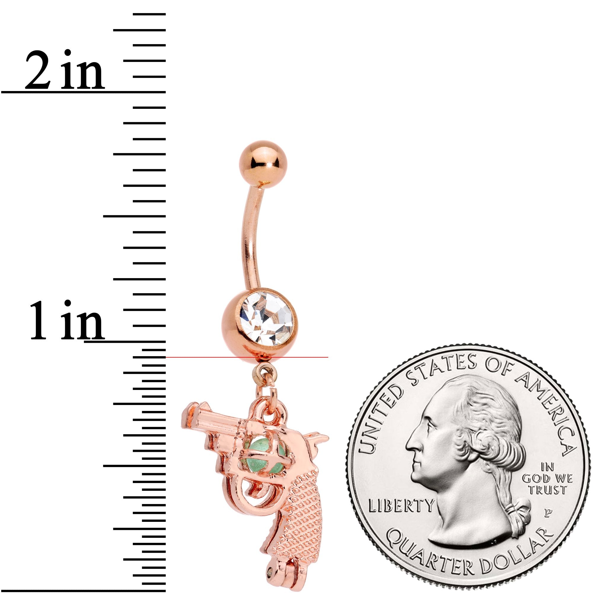 Clear Gem Rose Gold Tone Glow in the Dark Revolver Dangle Belly Ring