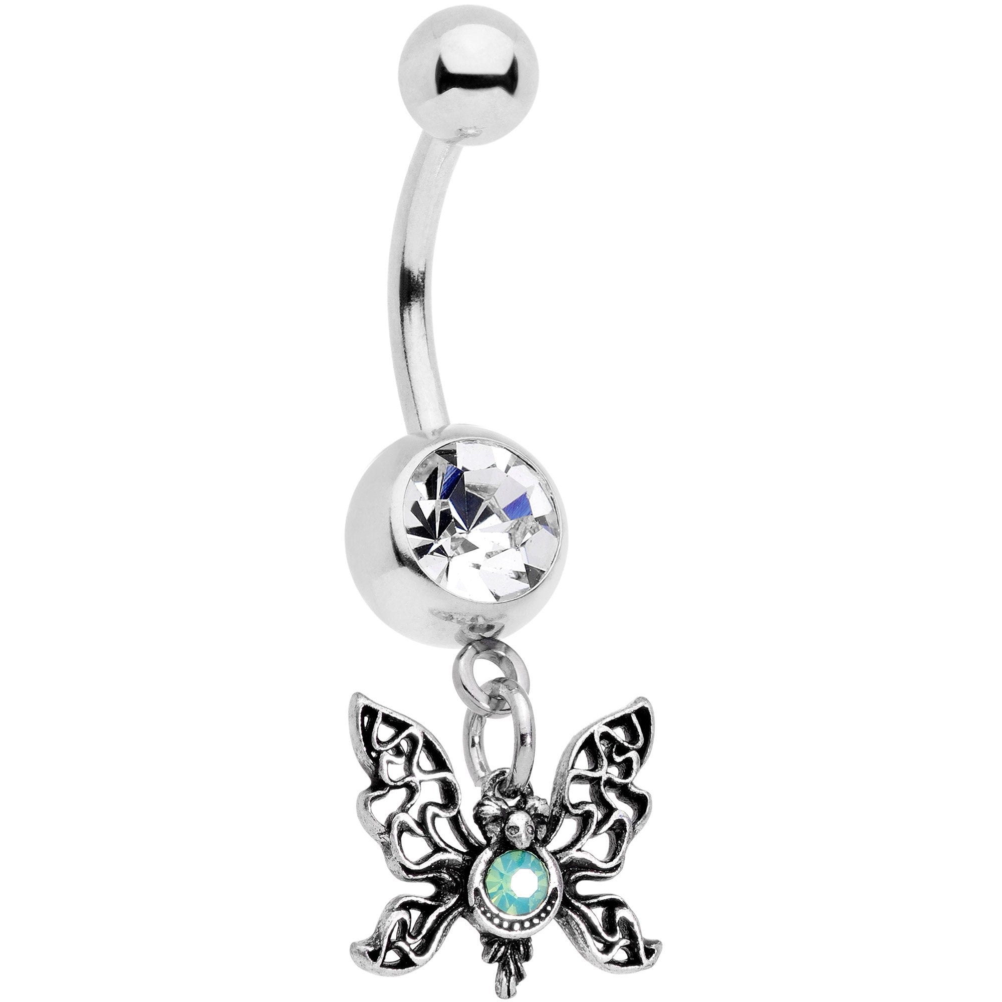 Clear Gem Green Faux Opal Butterfly Dangle Belly Ring