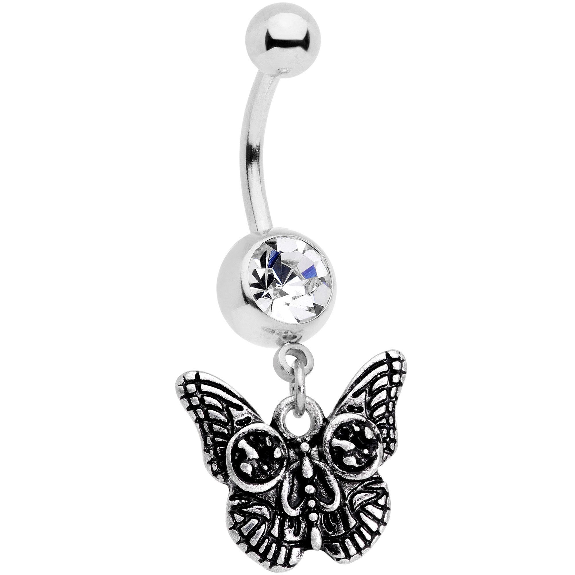 Clear Gem Death Mask Butterfly Dangle Belly Ring