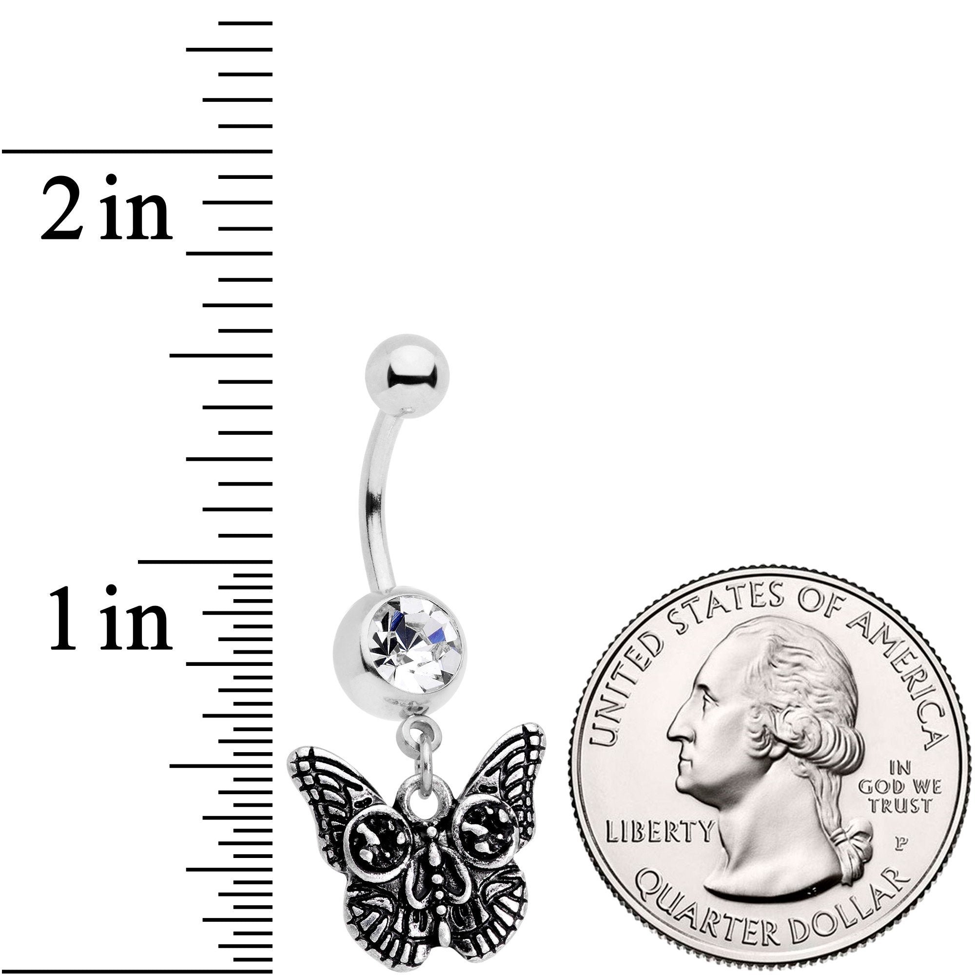 Clear Gem Death Mask Butterfly Dangle Belly Ring