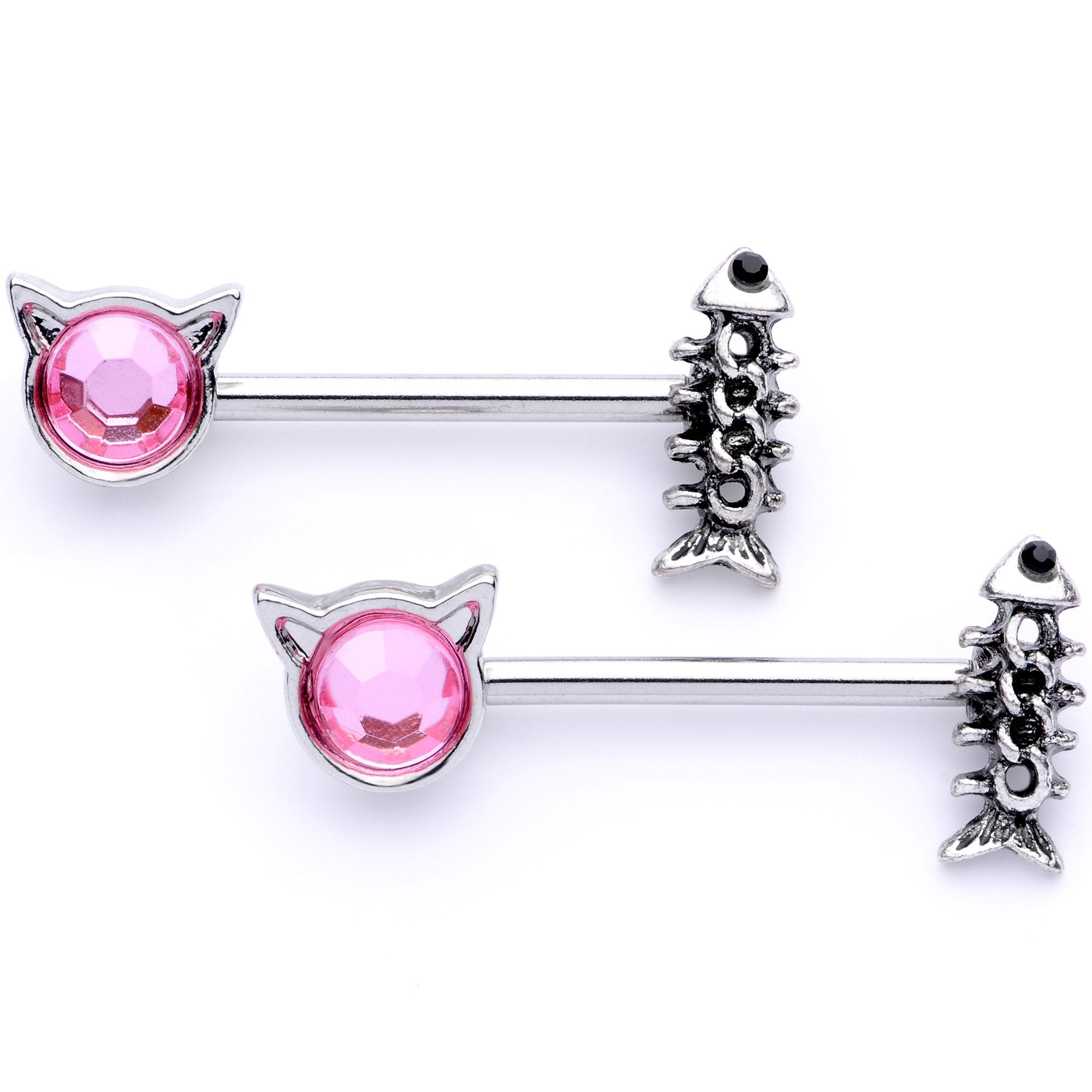 14 Gauge 9/16 Pink Black Gem Hungry Kitty Cat Barbell Nipple Ring Set