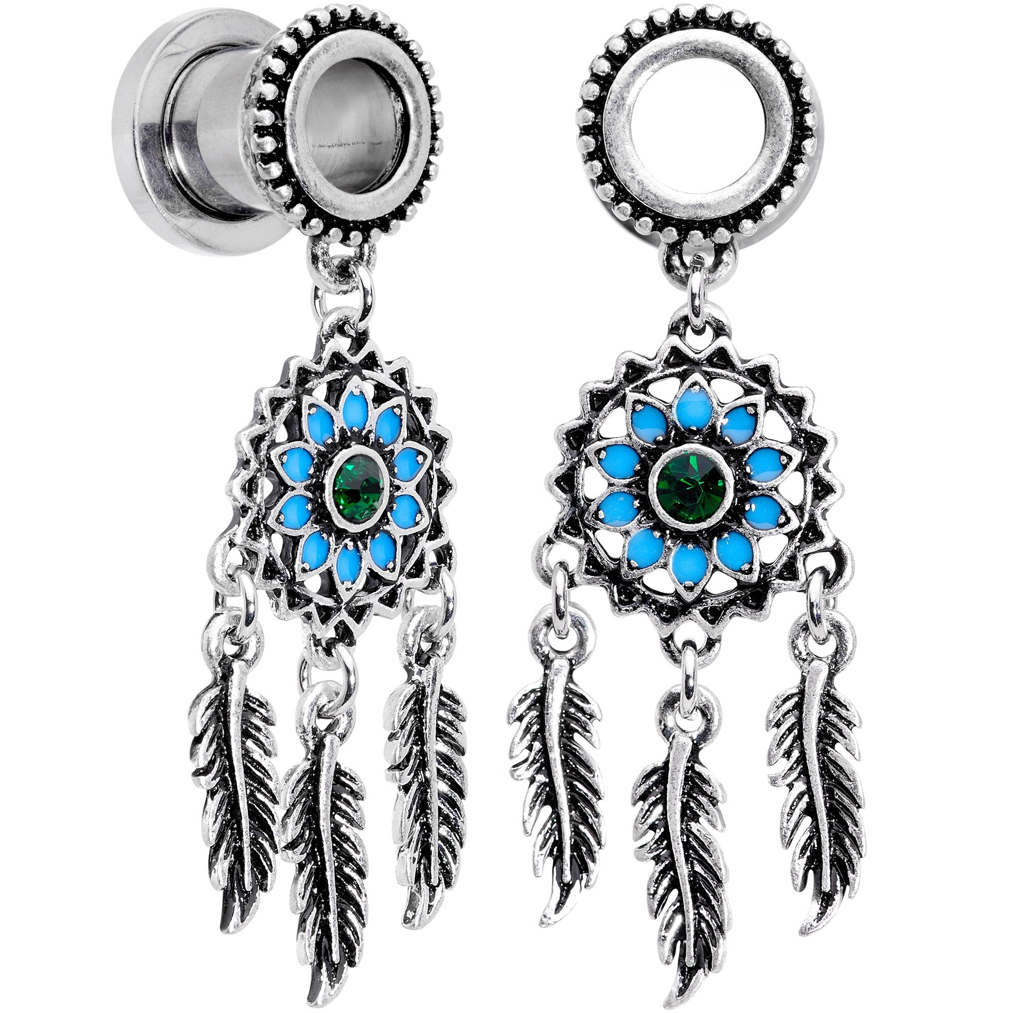 Green Gem Feather Dreamcatcher Screw Fit Tunnel Plug Set