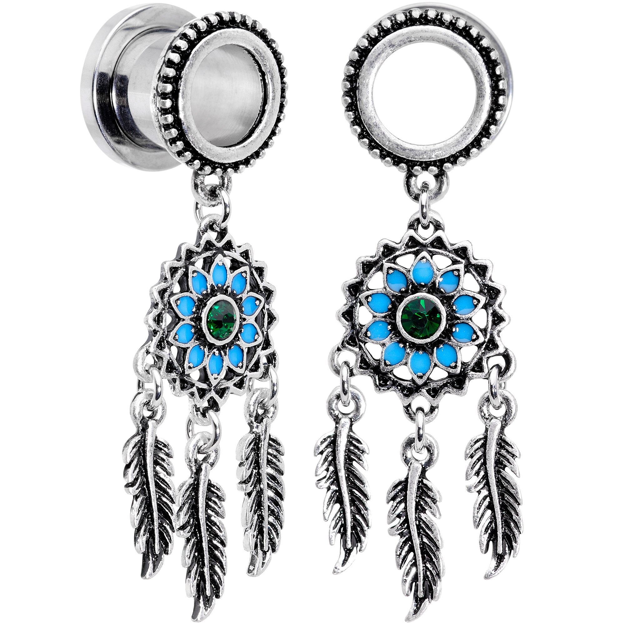 Green Gem Feather Dreamcatcher Screw Fit Tunnel Plug Set