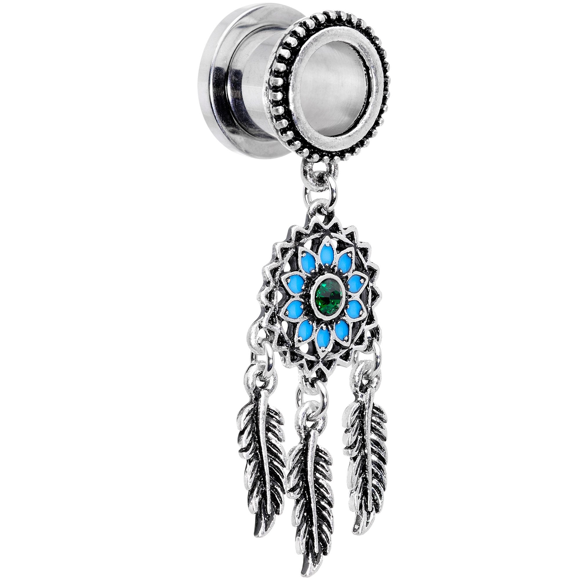 Green Gem Feather Dreamcatcher Screw Fit Tunnel Plug Set