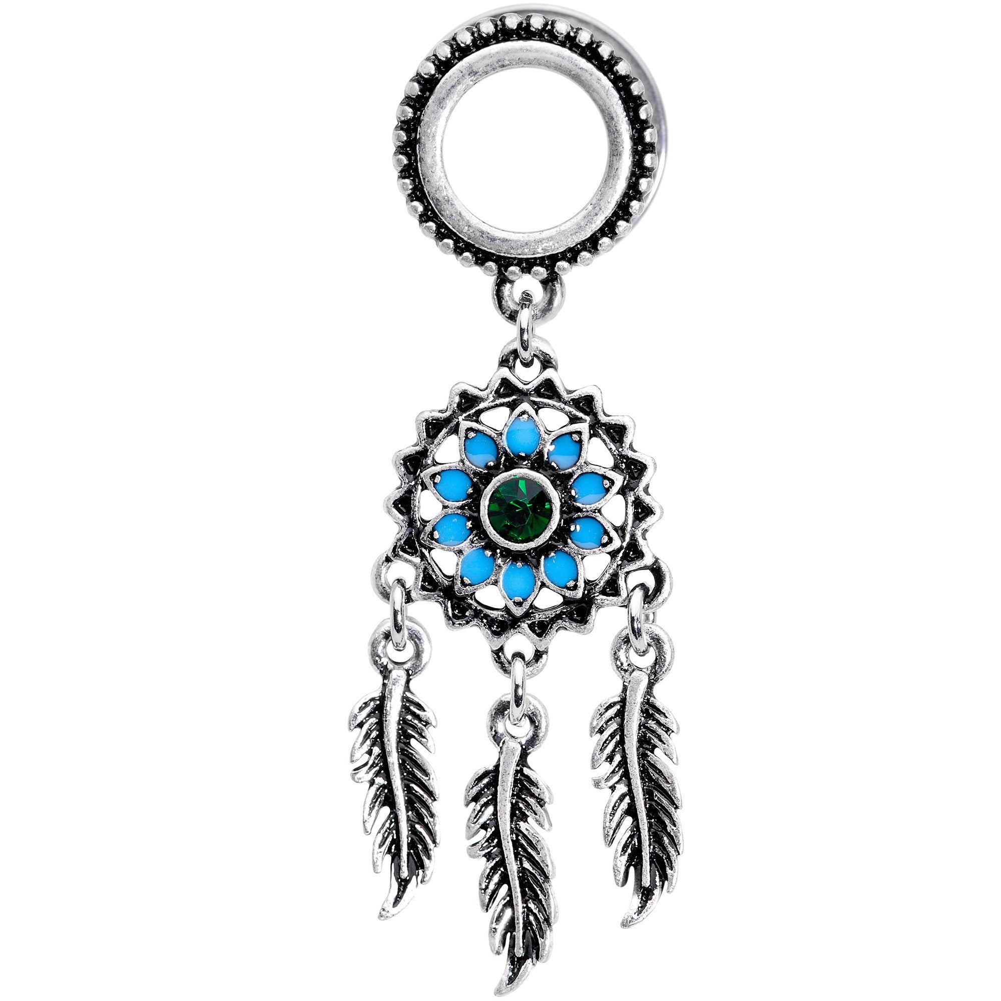 Green Gem Feather Dreamcatcher Screw Fit Tunnel Plug Set