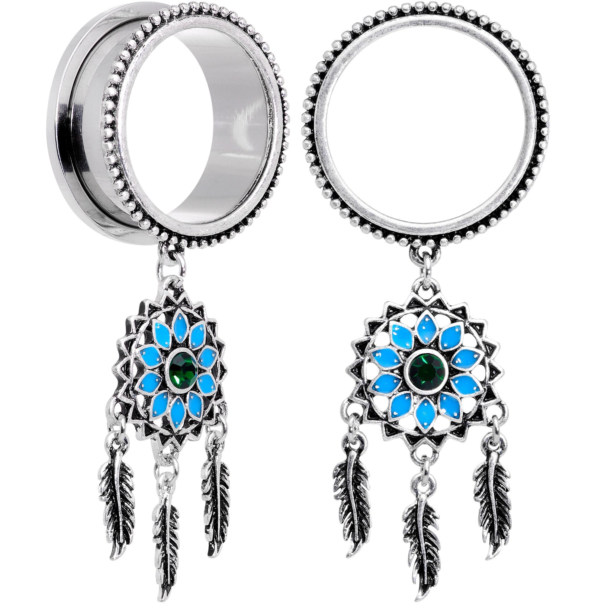 Green Gem Feather Dreamcatcher Screw Fit Tunnel Plug Set