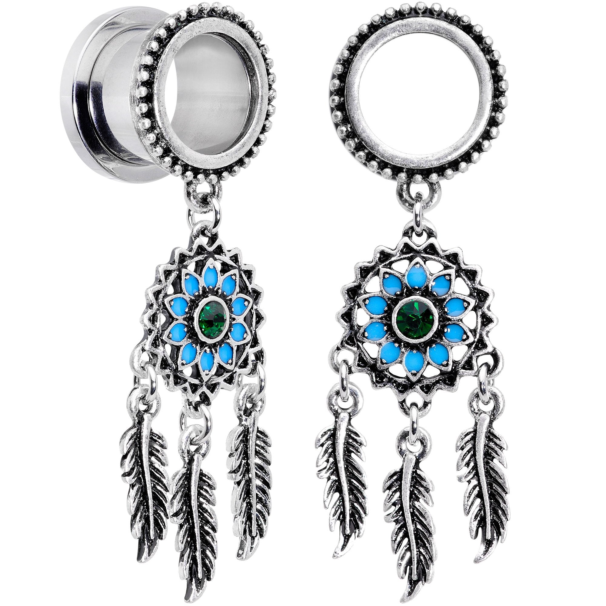 Green Gem Feather Dreamcatcher Screw Fit Tunnel Plug Set