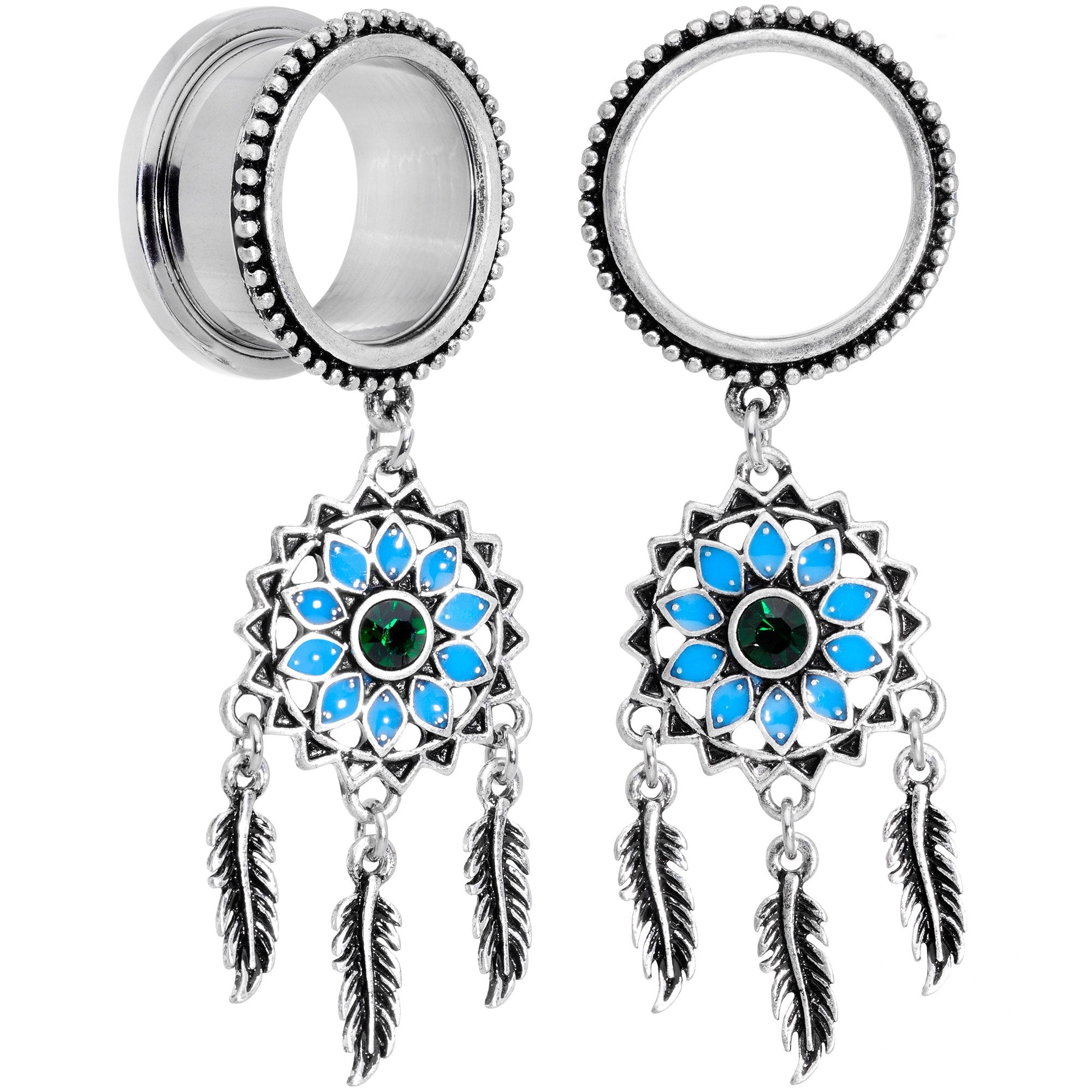 Green Gem Feather Dreamcatcher Screw Fit Tunnel Plug Set