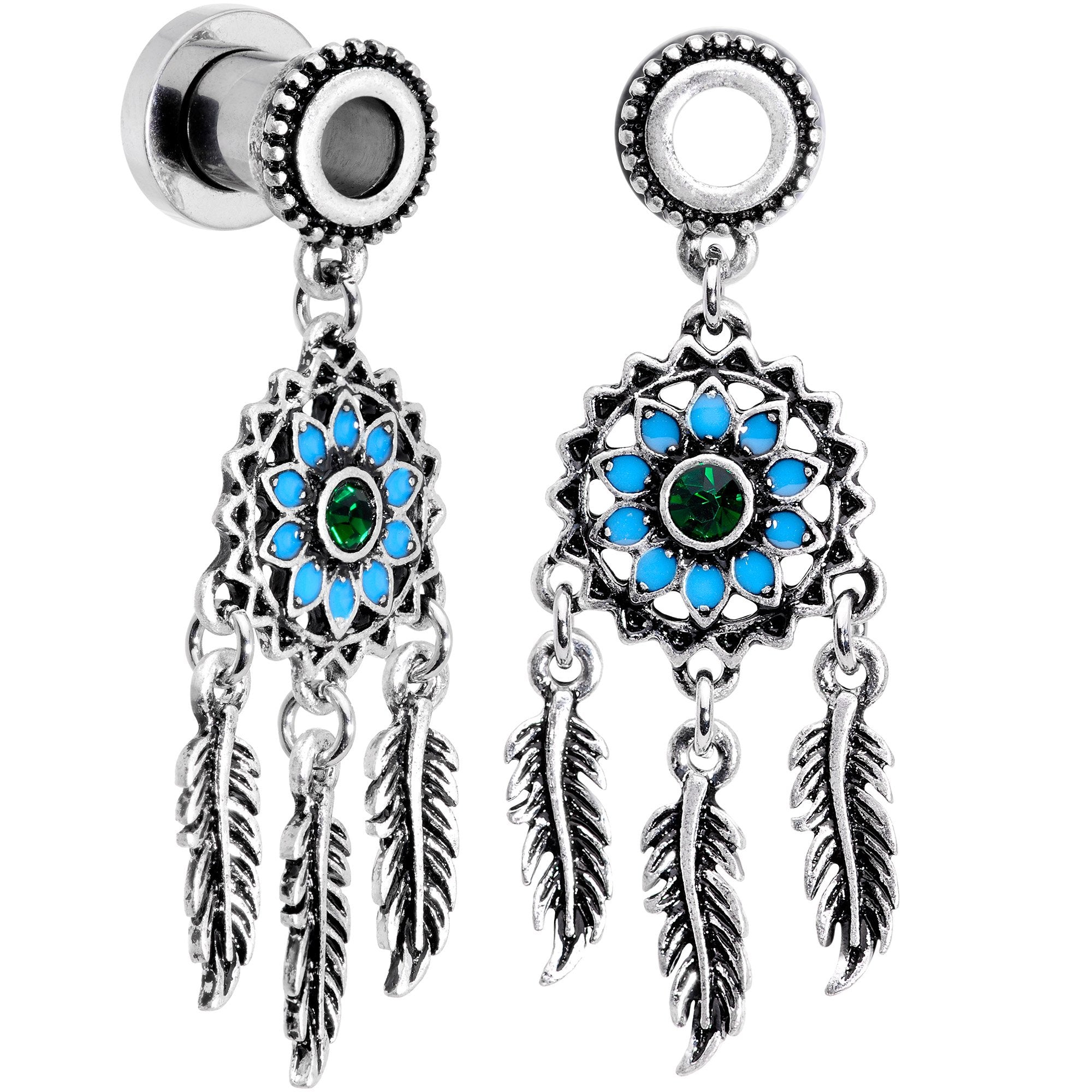 Green Gem Feather Dreamcatcher Screw Fit Tunnel Plug Set