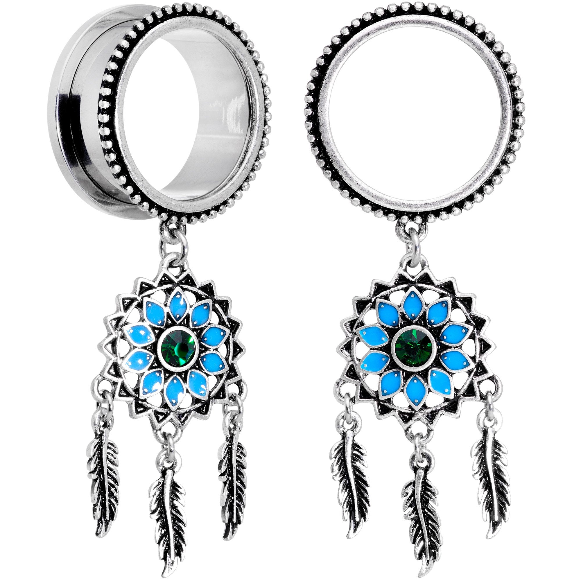 Green Gem Feather Dreamcatcher Screw Fit Tunnel Plug Set