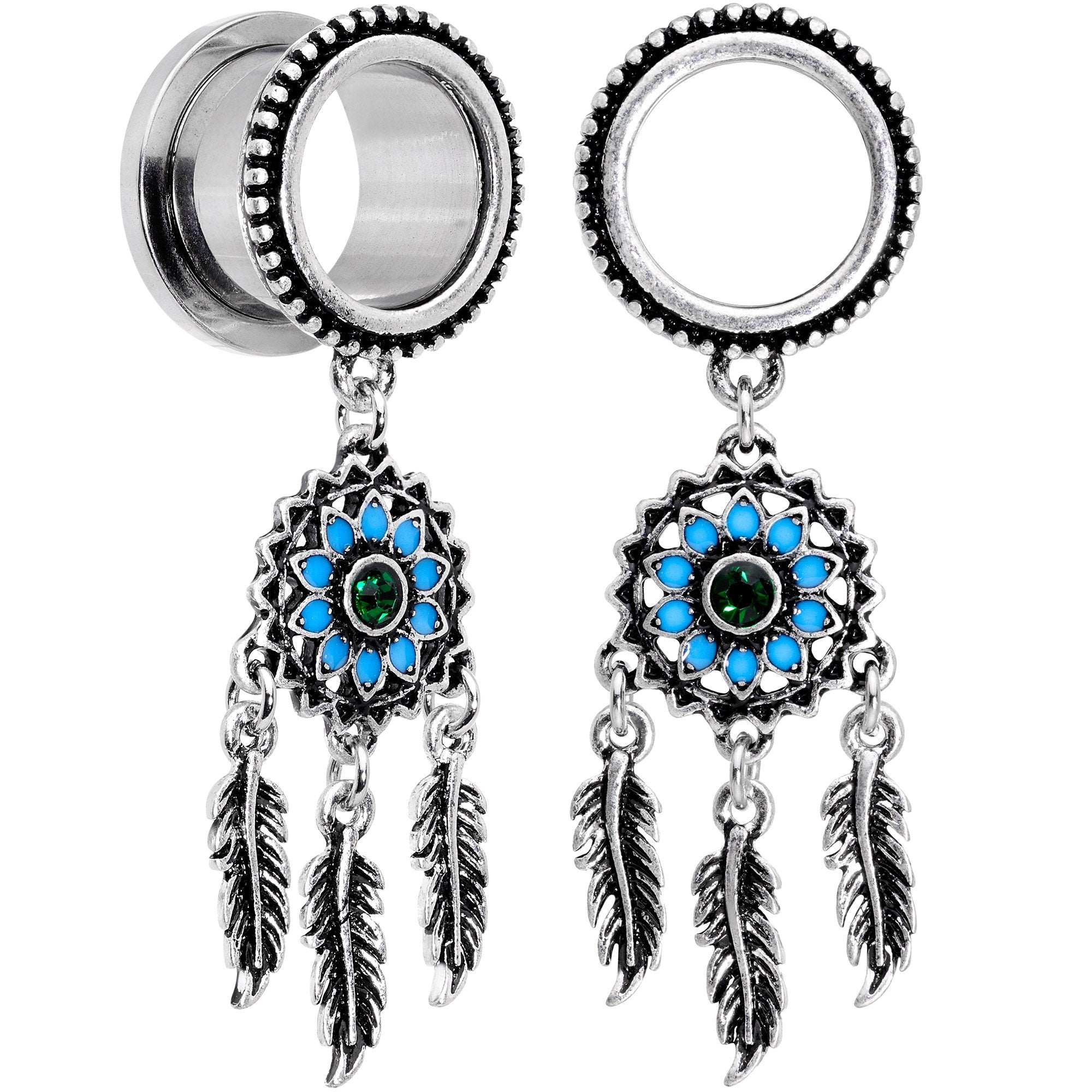 Green Gem Feather Dreamcatcher Screw Fit Tunnel Plug Set