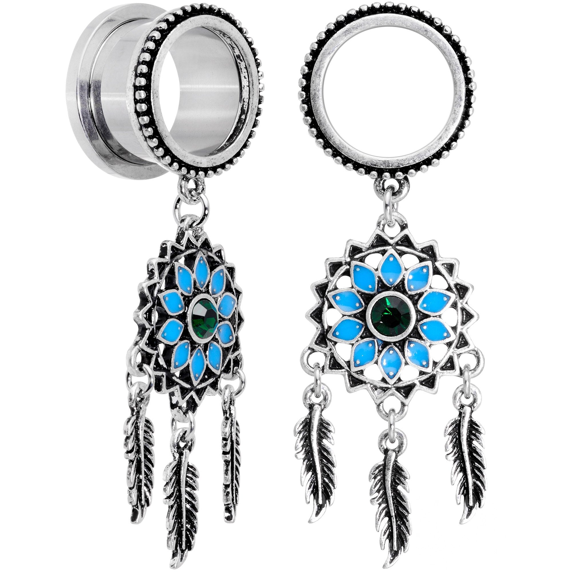 Green Gem Feather Dreamcatcher Screw Fit Tunnel Plug Set