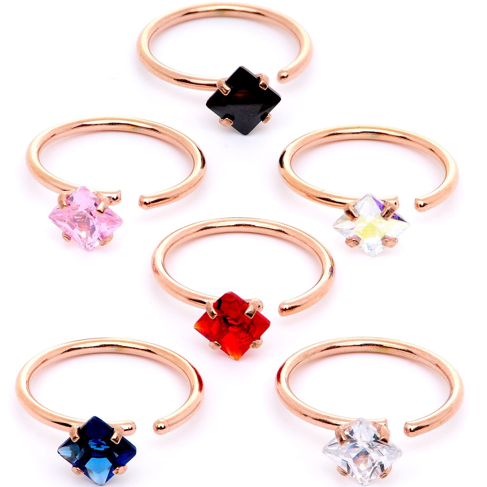 20 Gauge 5/16 Multicolor Single Gem Rose Gold Tone Nose Hoop Set of 6