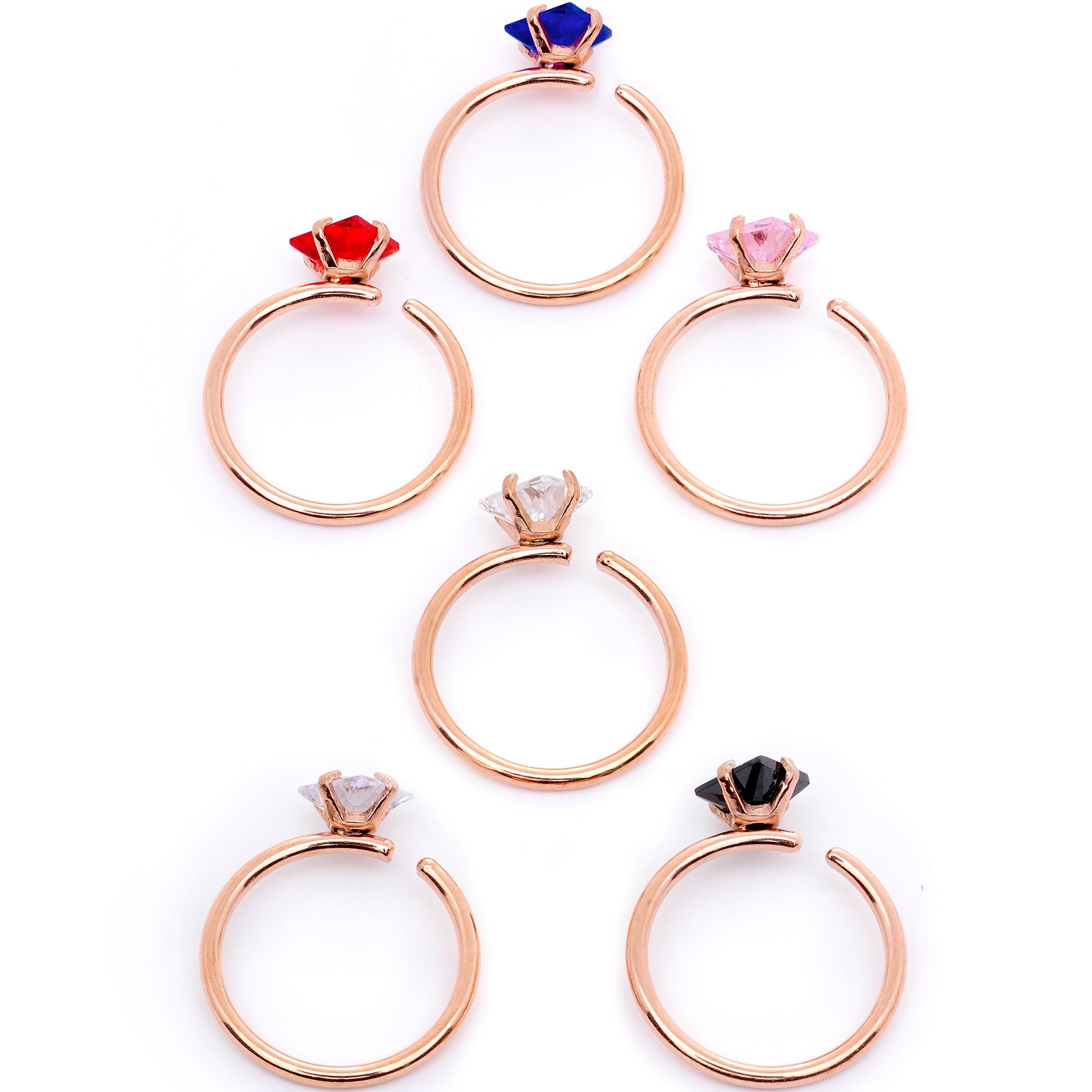 20 Gauge 5/16 Multicolor Single Gem Rose Gold Tone Nose Hoop Set of 6