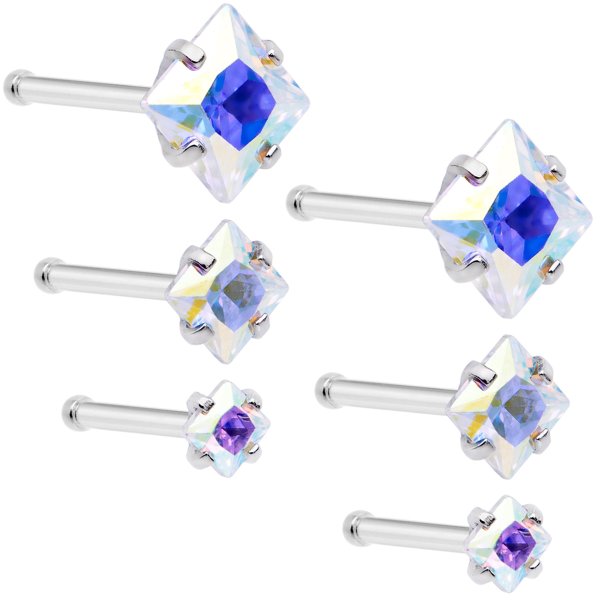 20 Gauge 1/4 Aurora Gem Square Multi Size Nose Bone Set of 6