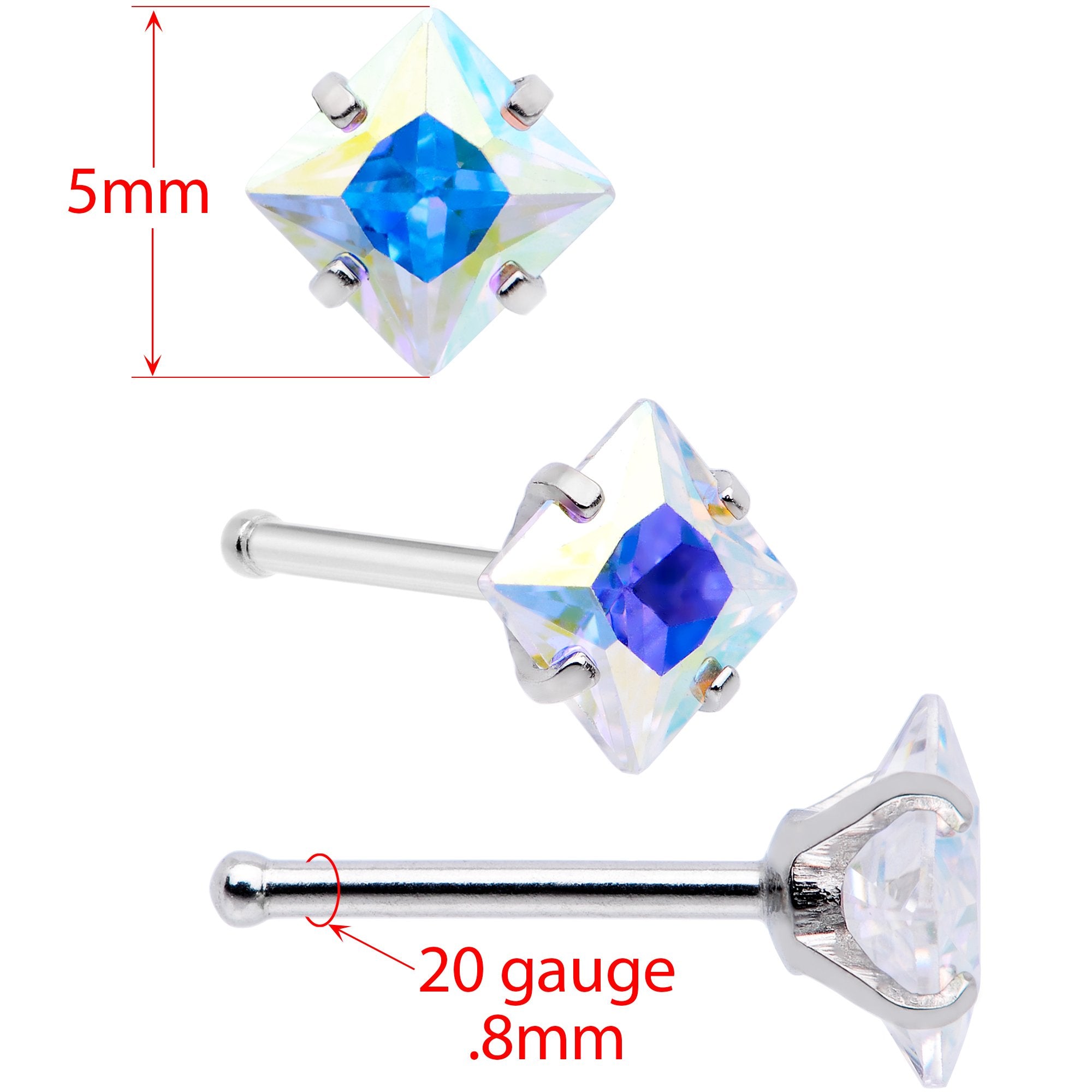 20 Gauge 1/4 Aurora Gem Square Multi Size Nose Bone Set of 6