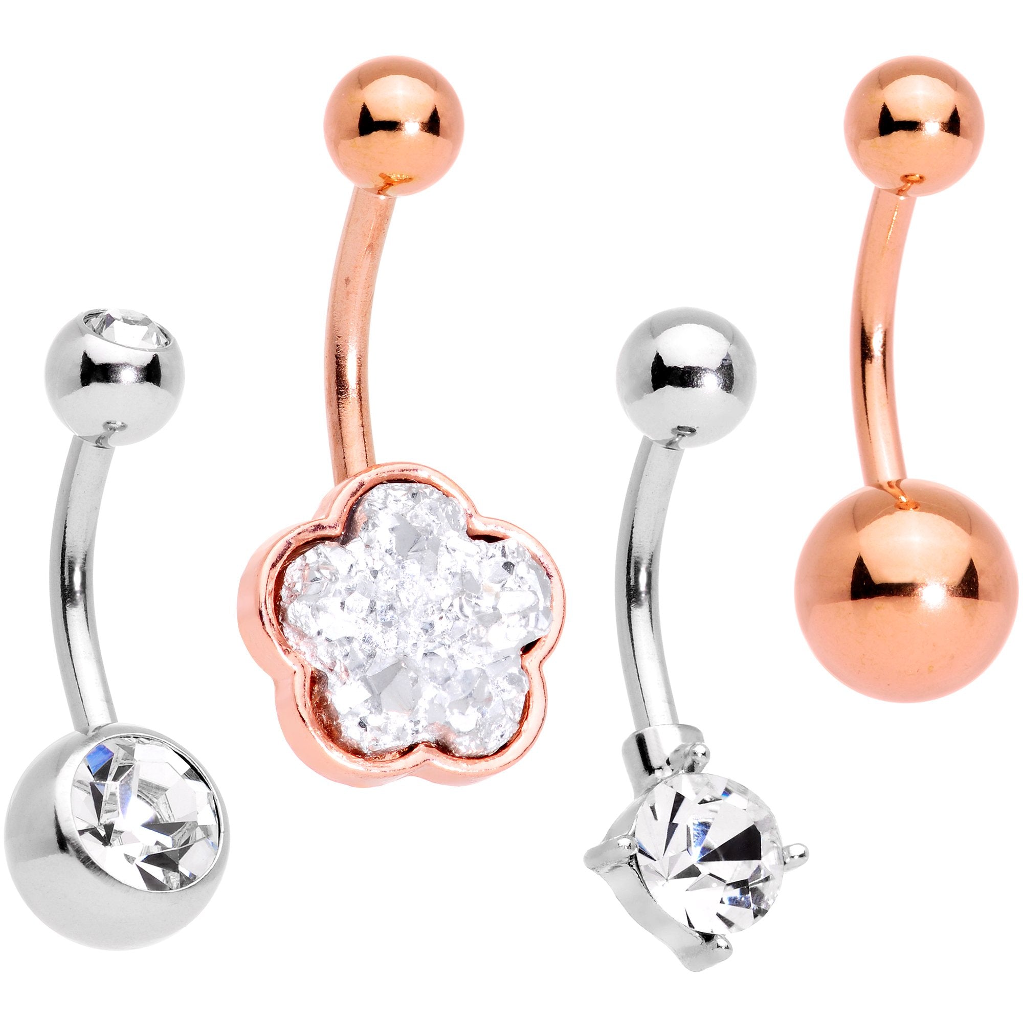 Clear Gem White Faux Druzy Rose Gold Tone Flower Belly Ring Set of 4