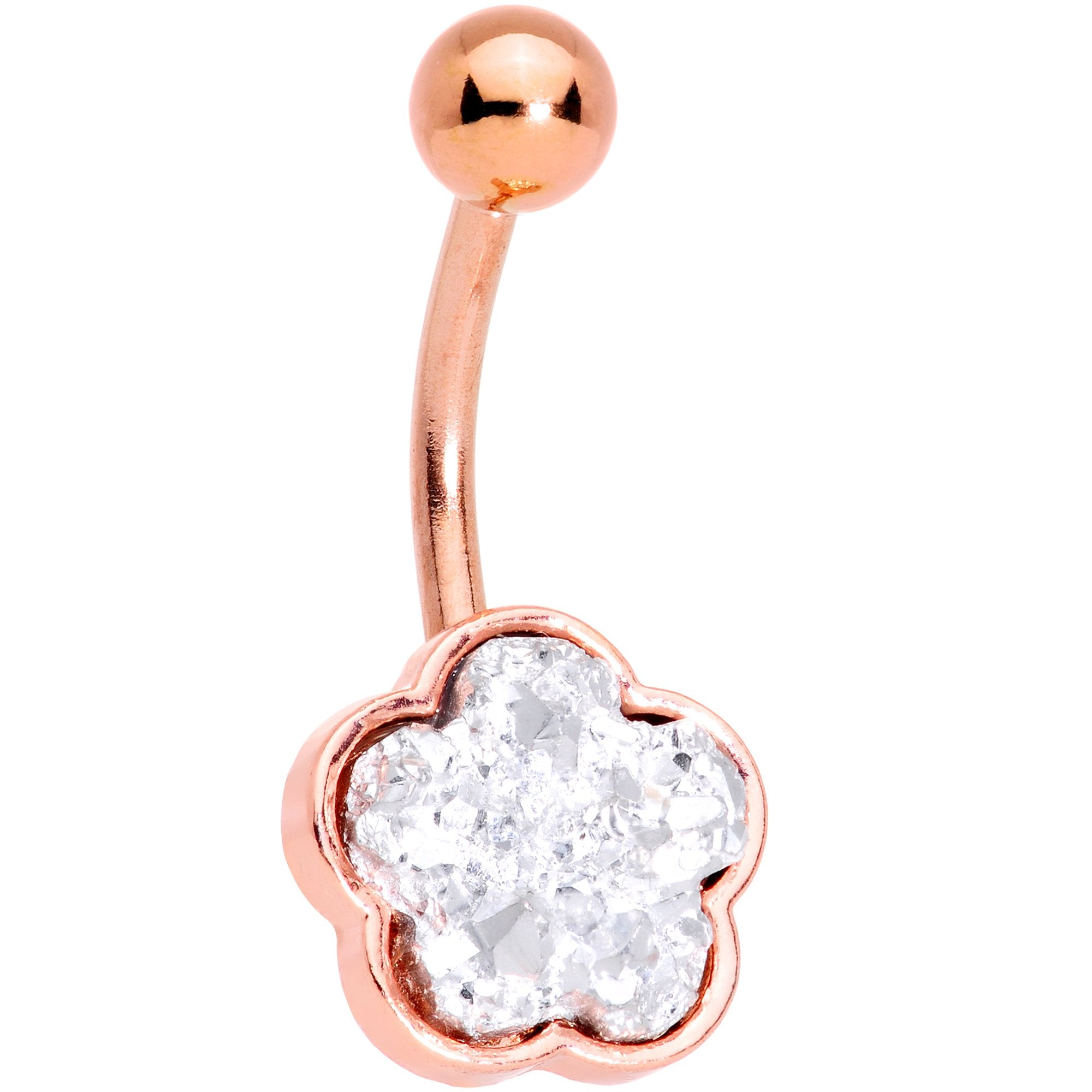 Clear Gem White Faux Druzy Rose Gold Tone Flower Belly Ring Set of 4