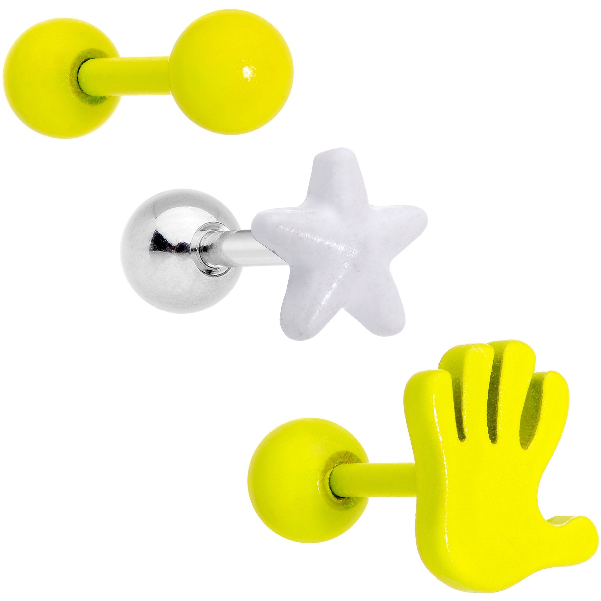 16 Gauge 1/4 Yellow White Glow Star Hand Cartilage Earring Set of 3