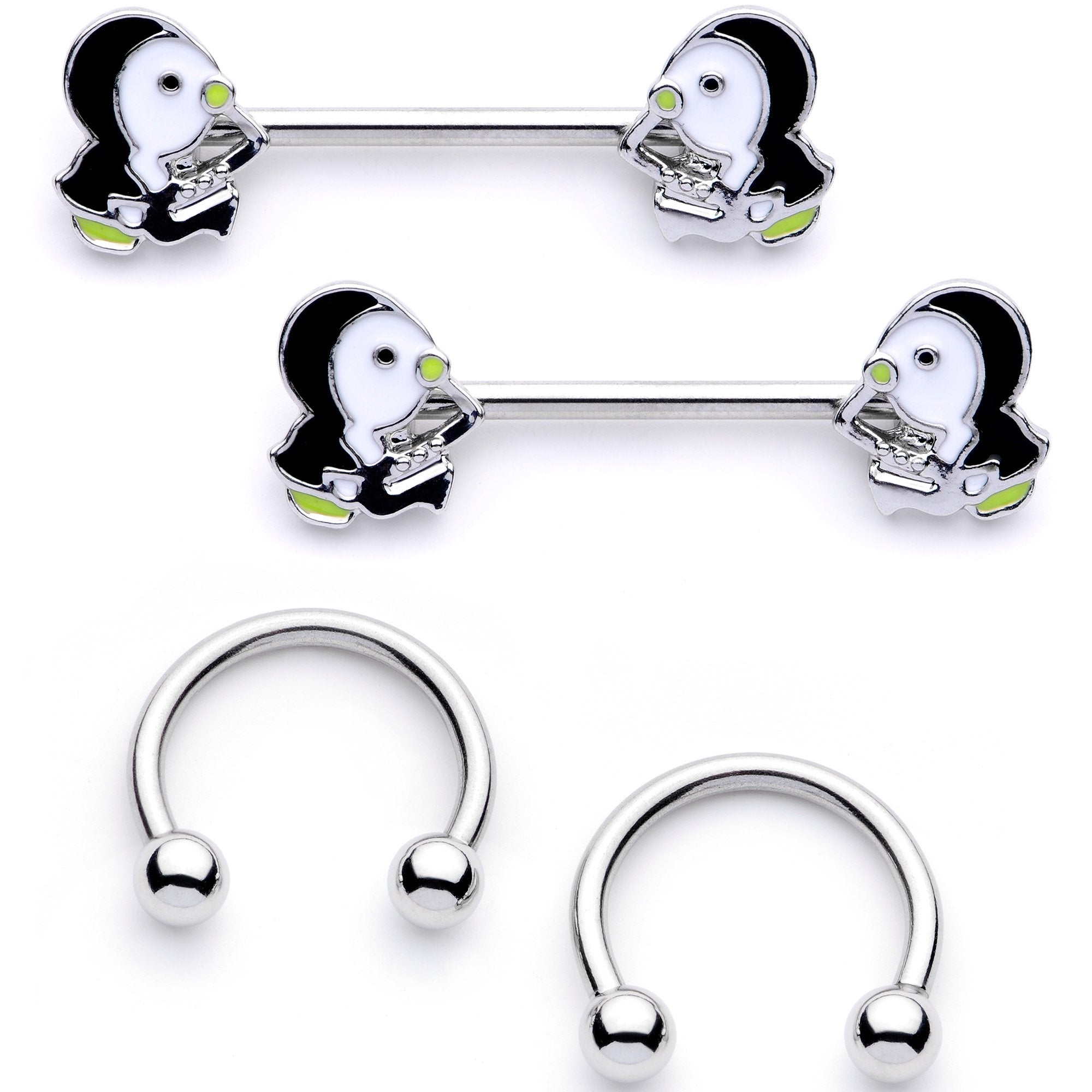 14 Gauge 9/16 1/2 Winter Penguins Horseshoe Barbell Nipple Ring Set