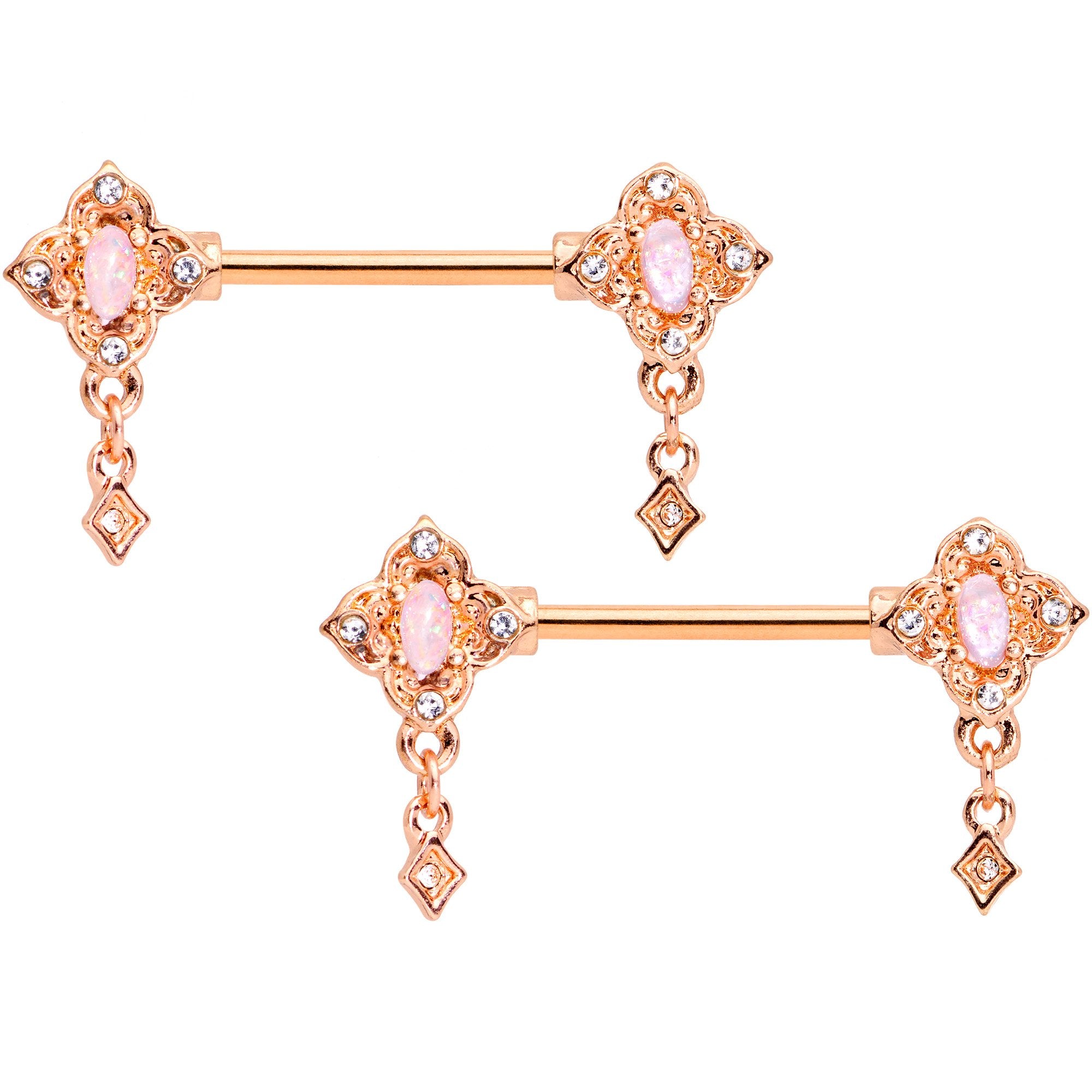 14 Gauge Faux Opal Rose Gold Tone Art Deco Barbell Nipple Ring Set