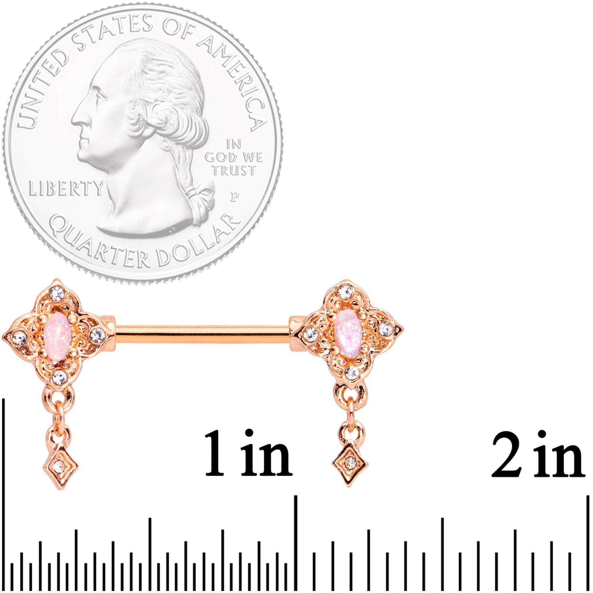 14 Gauge Faux Opal Rose Gold Tone Art Deco Barbell Nipple Ring Set