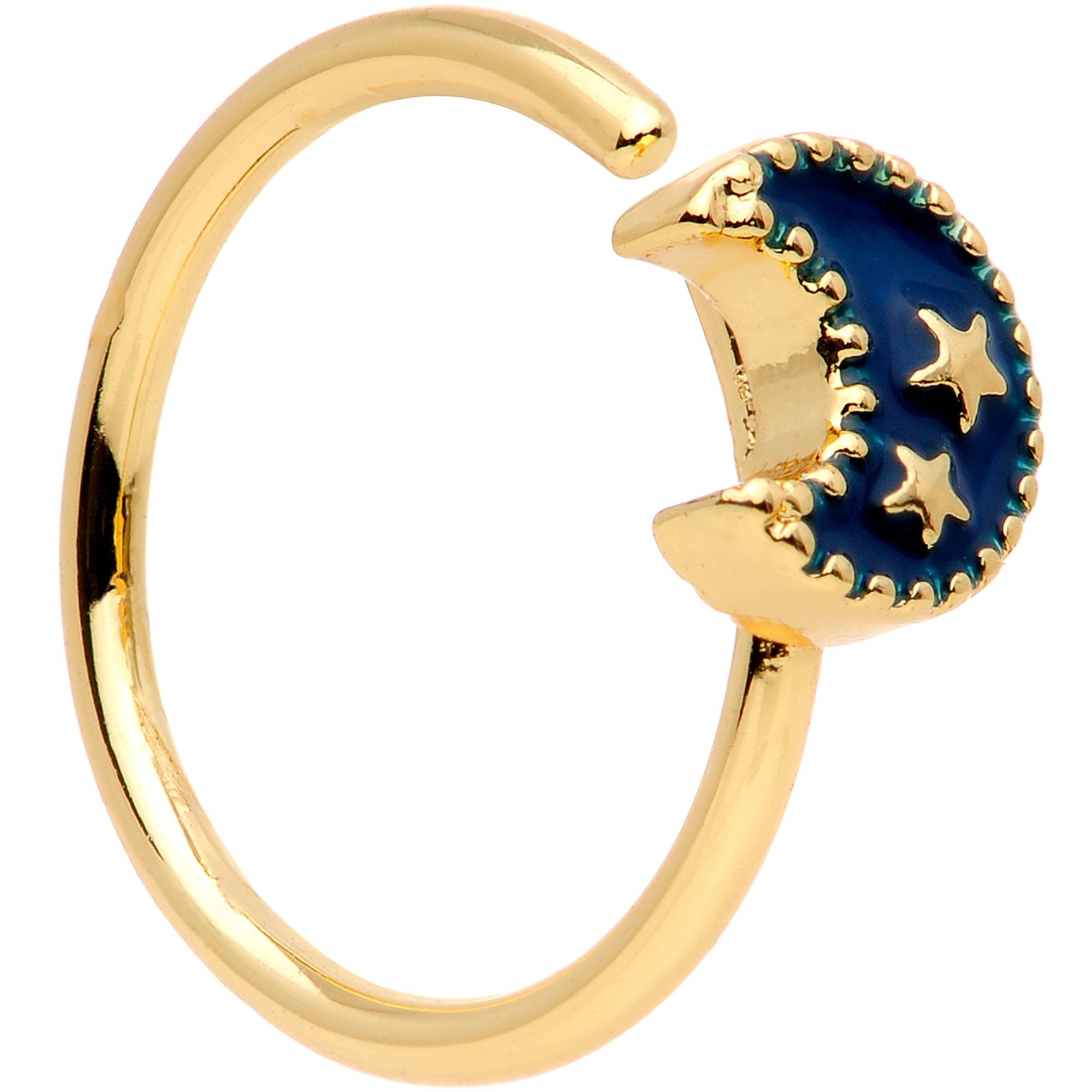 20 Gauge 5/16 Gold Tone Blue Crescent Moon and Stars Nose Hoop