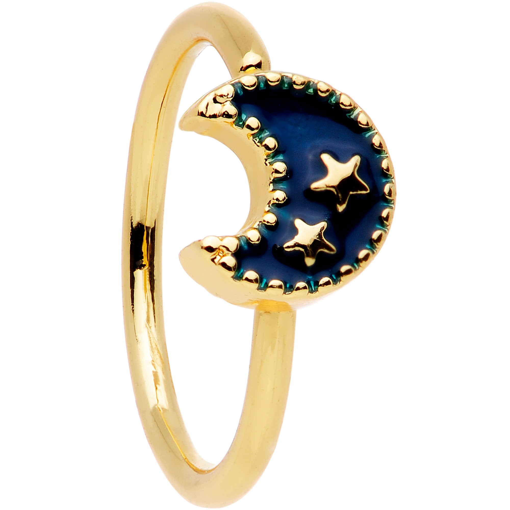 20 Gauge 5/16 Gold Tone Blue Crescent Moon and Stars Nose Hoop