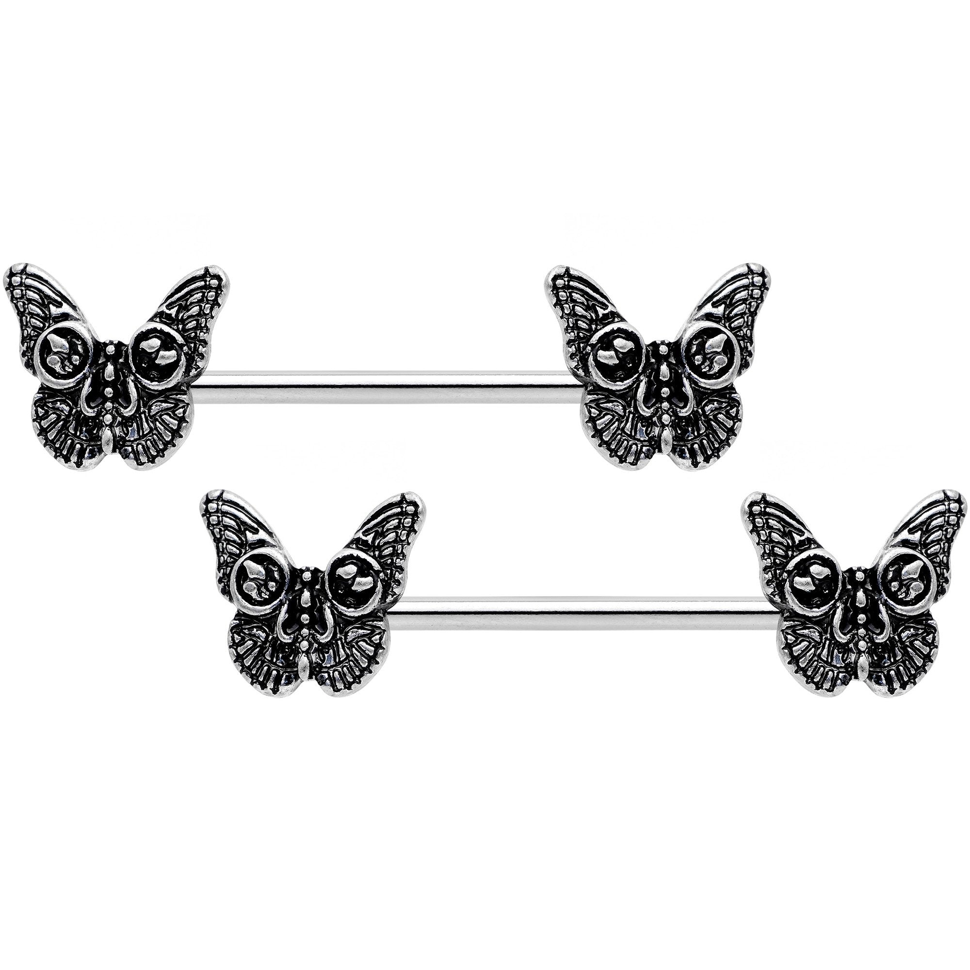 14 Gauge 9/16 Death Head Butterfly Barbell Nipple Ring Set