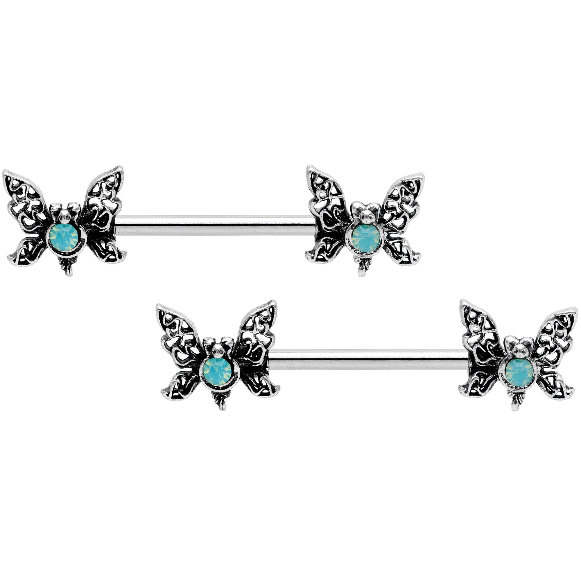 14 Gauge 9/16 Green Faux Opal Lacy Butterfly Barbell Nipple Ring Set