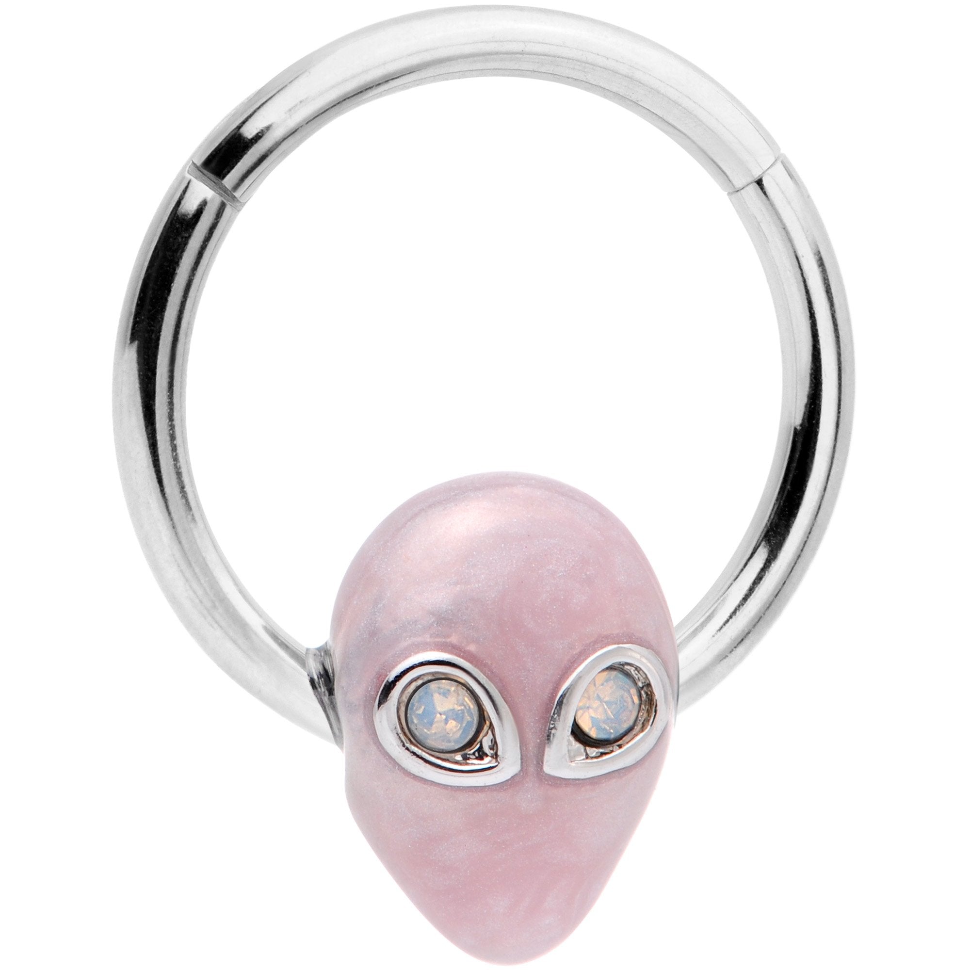 16 Gauge 3/8 White Faux Opal Pink Invader Alien Hinged Segment Ring