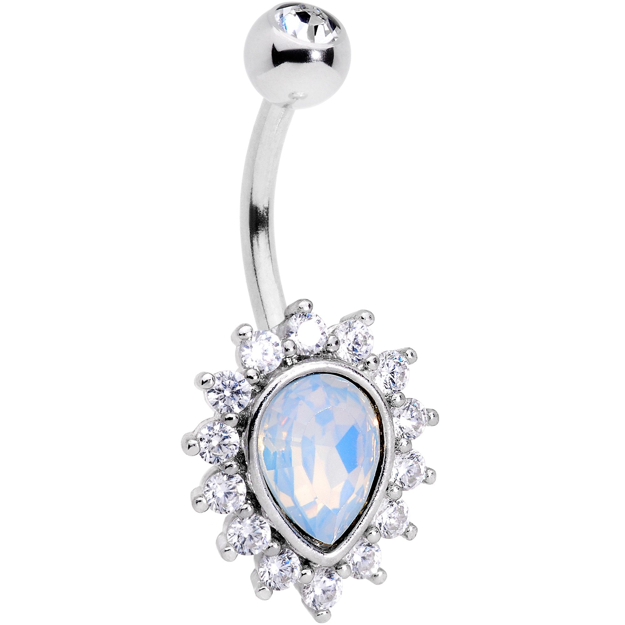 Clear CZ Gem White Faux Opal Fire Teardrop Belly Ring