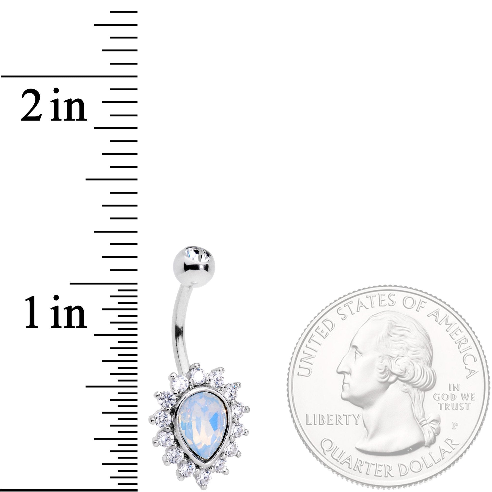 Clear CZ Gem White Faux Opal Fire Teardrop Belly Ring