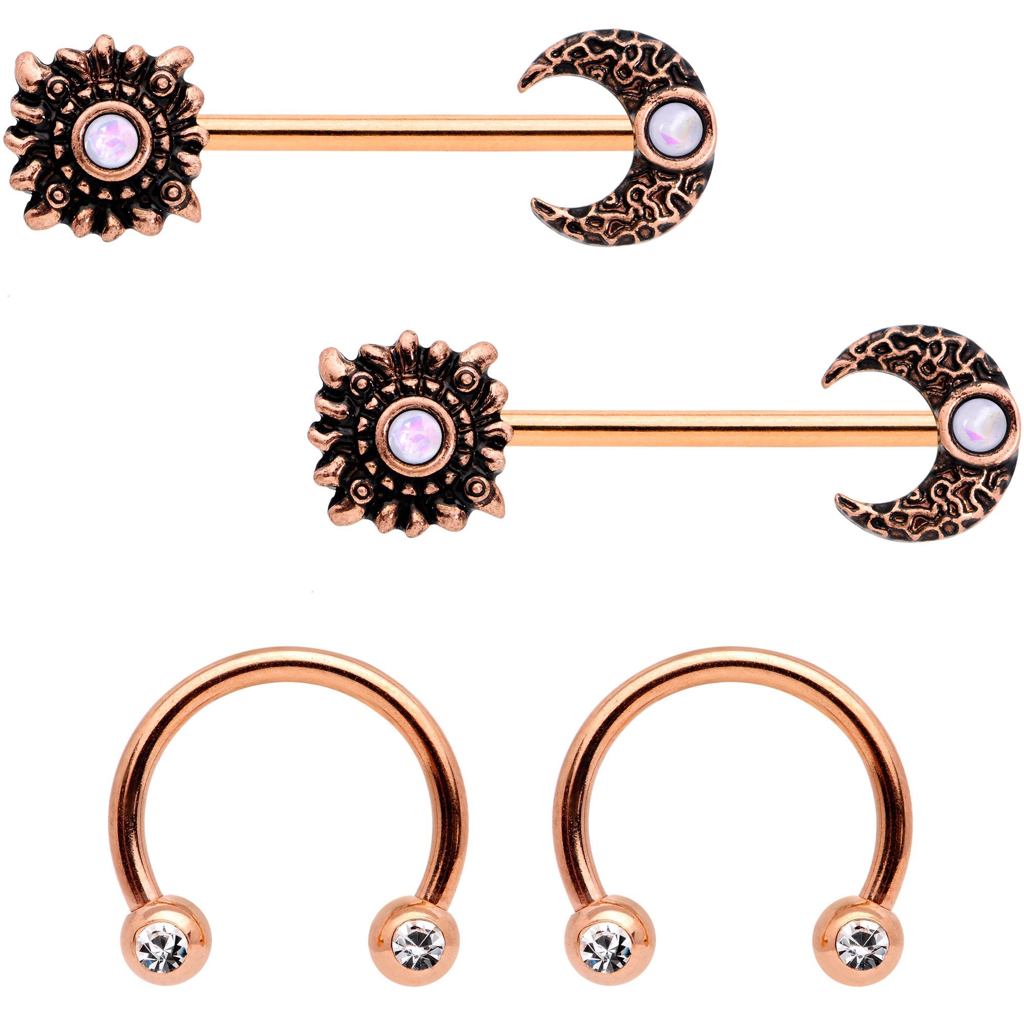 14 Gauge White Faux Opal Rose Gold Tone Sun Moon Nipple Ring Set of 4