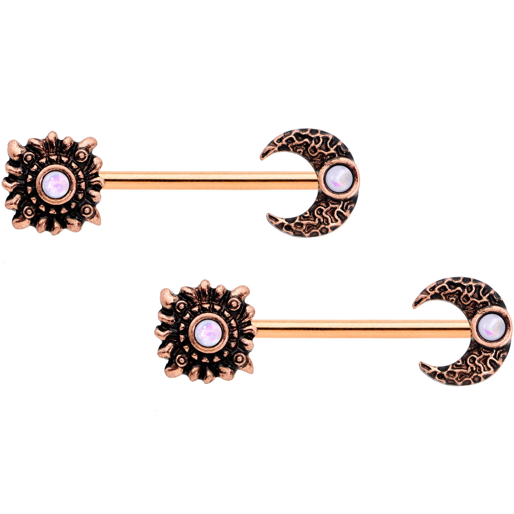 14 Gauge White Faux Opal Rose Gold Tone Sun Moon Nipple Ring Set of 4