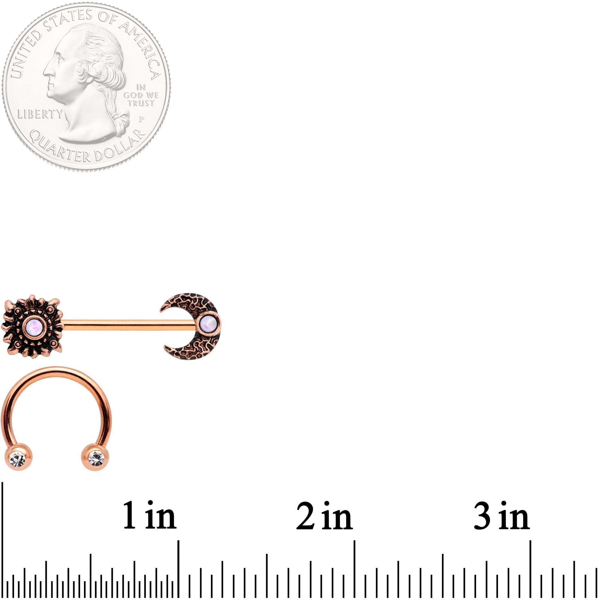 14 Gauge White Faux Opal Rose Gold Tone Sun Moon Nipple Ring Set of 4