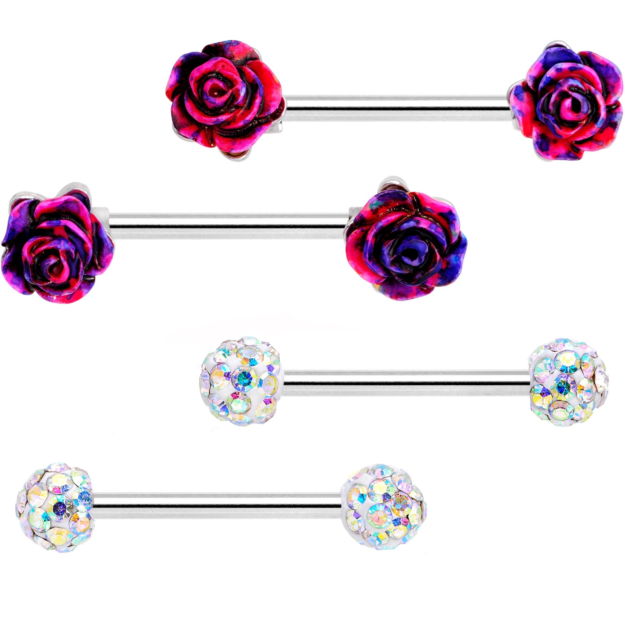 14 Gauge 5/8 9/16 Clear Gem Multi Color Roses Barbell Nipple Ring Set