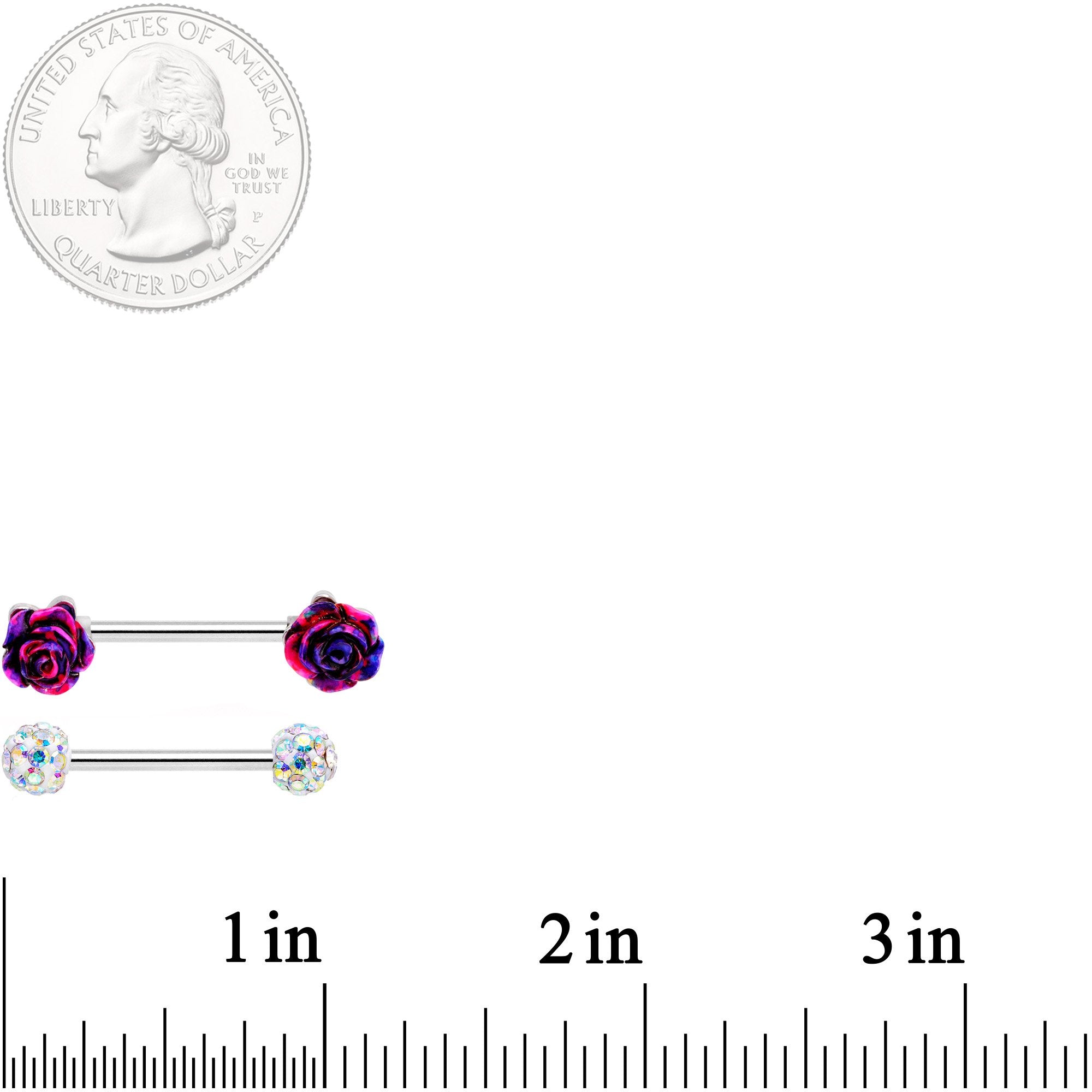 14 Gauge 5/8 9/16 Clear Gem Multi Color Roses Barbell Nipple Ring Set