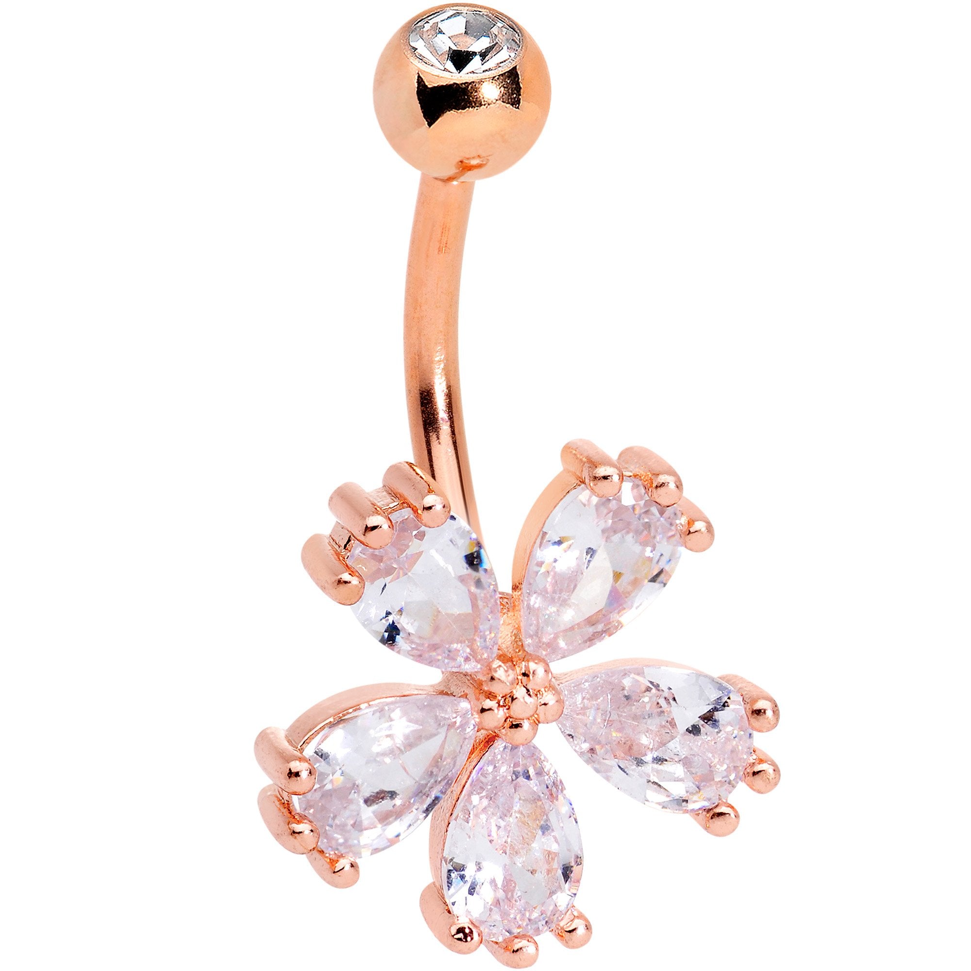 Clear CZ Gem Rose Gold Tone Perfect Petals Flower Belly Ring