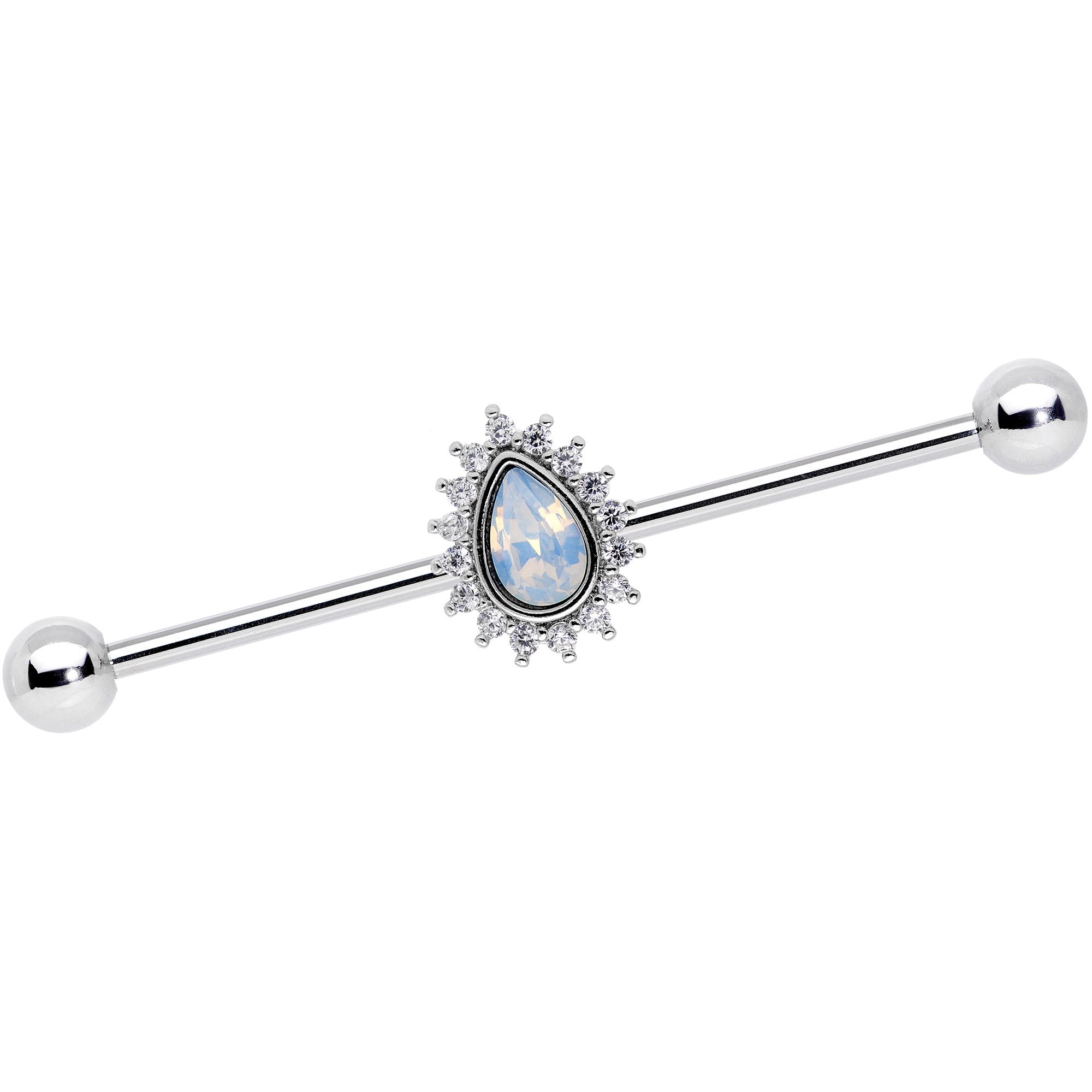 14 Gauge Clear CZ White Faux Opal Drop Industrial Barbell 38mm