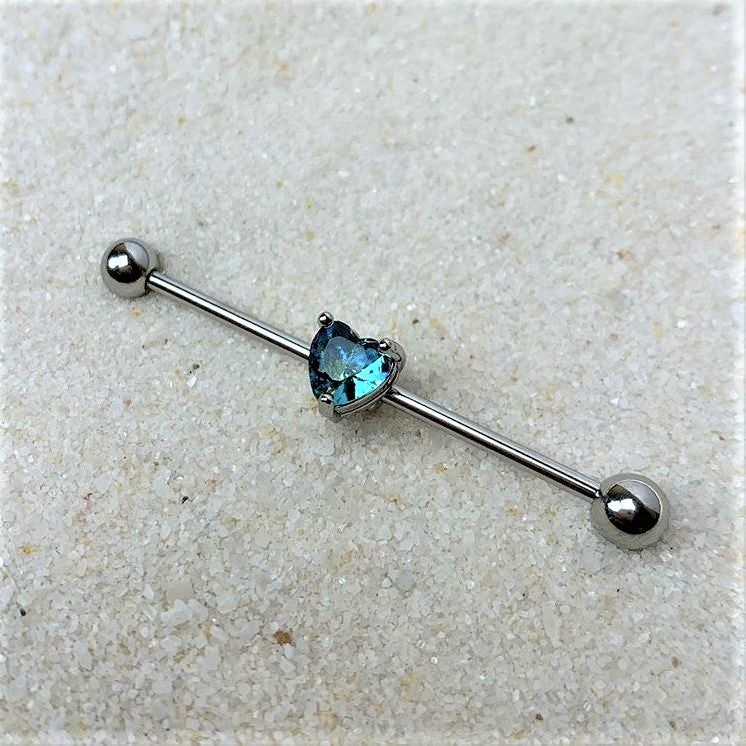 14 Gauge Blue Green Gem Faceted Heart Industrial Barbell 38mm