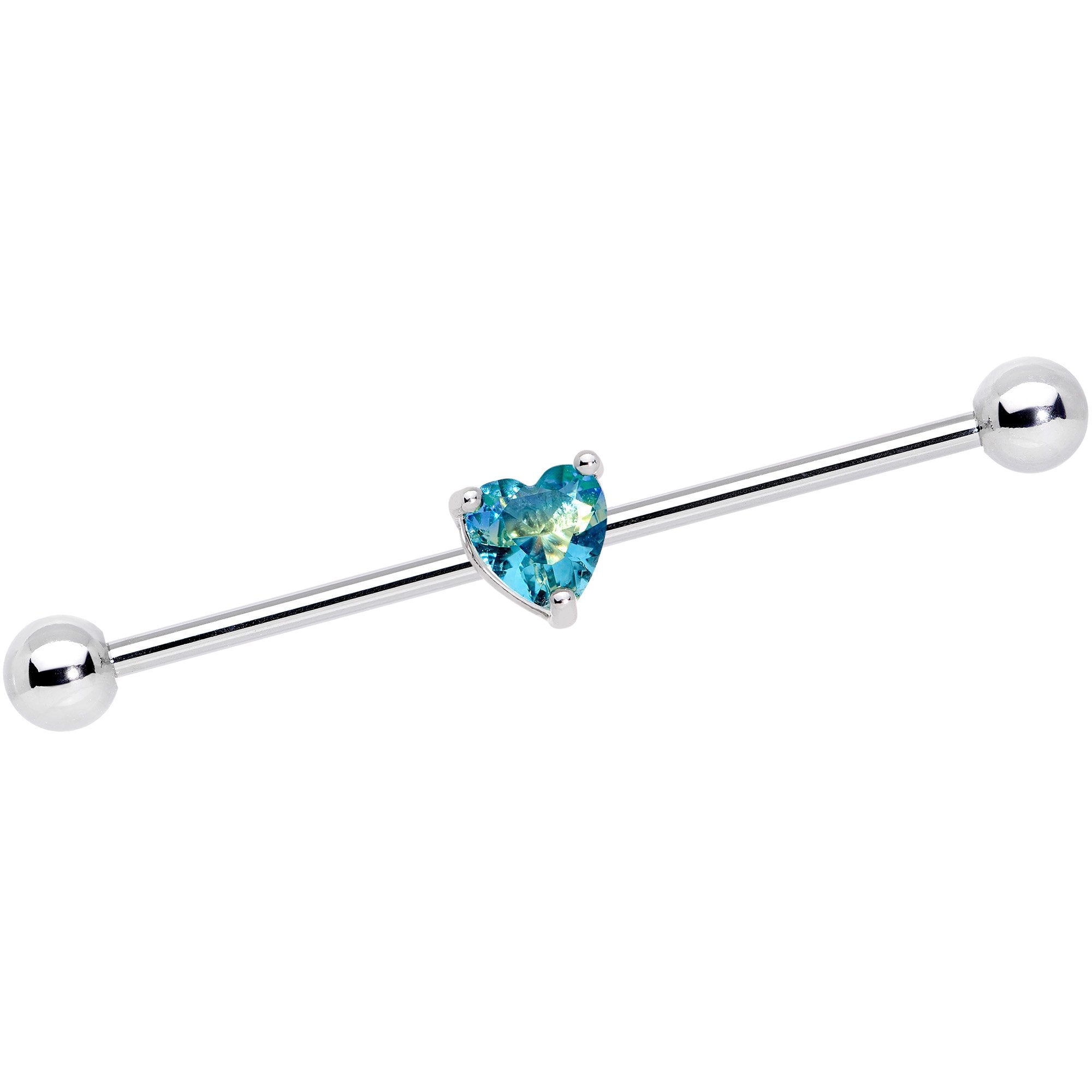 14 Gauge Blue Green Gem Faceted Heart Industrial Barbell 38mm