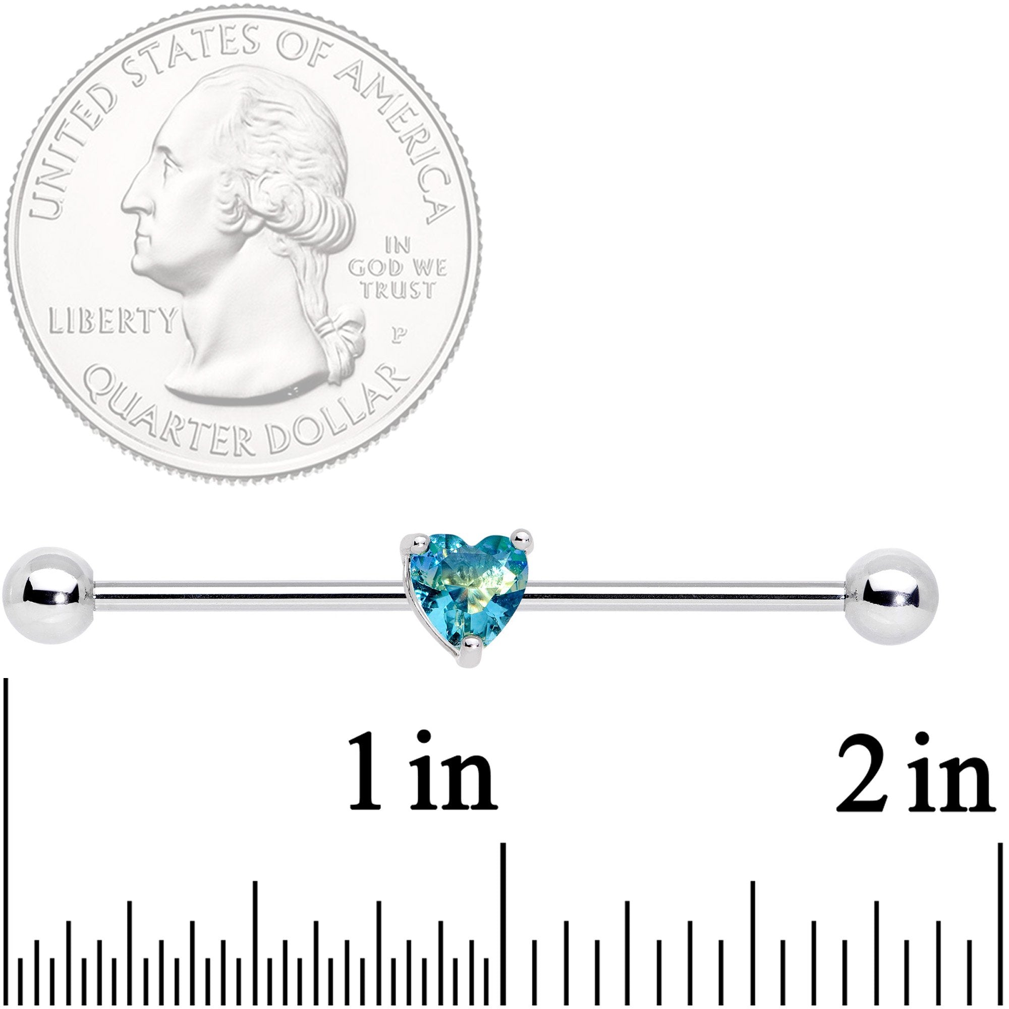 14 Gauge Blue Green Gem Faceted Heart Industrial Barbell 38mm