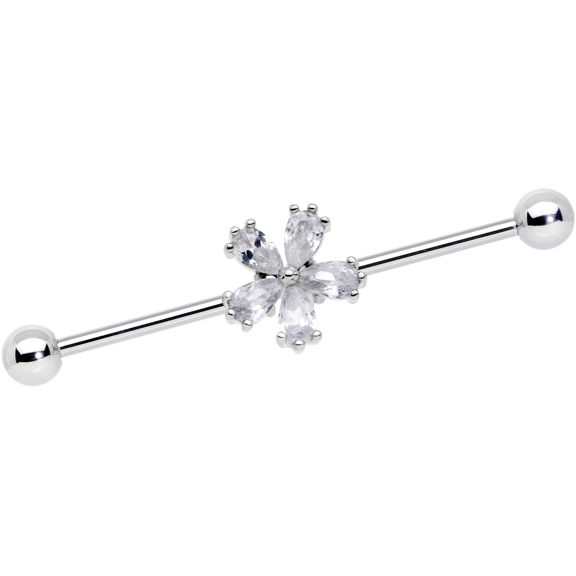 14 Gauge Clear CZ Gem Perfect Petals Flower Industrial Barbell 38mm