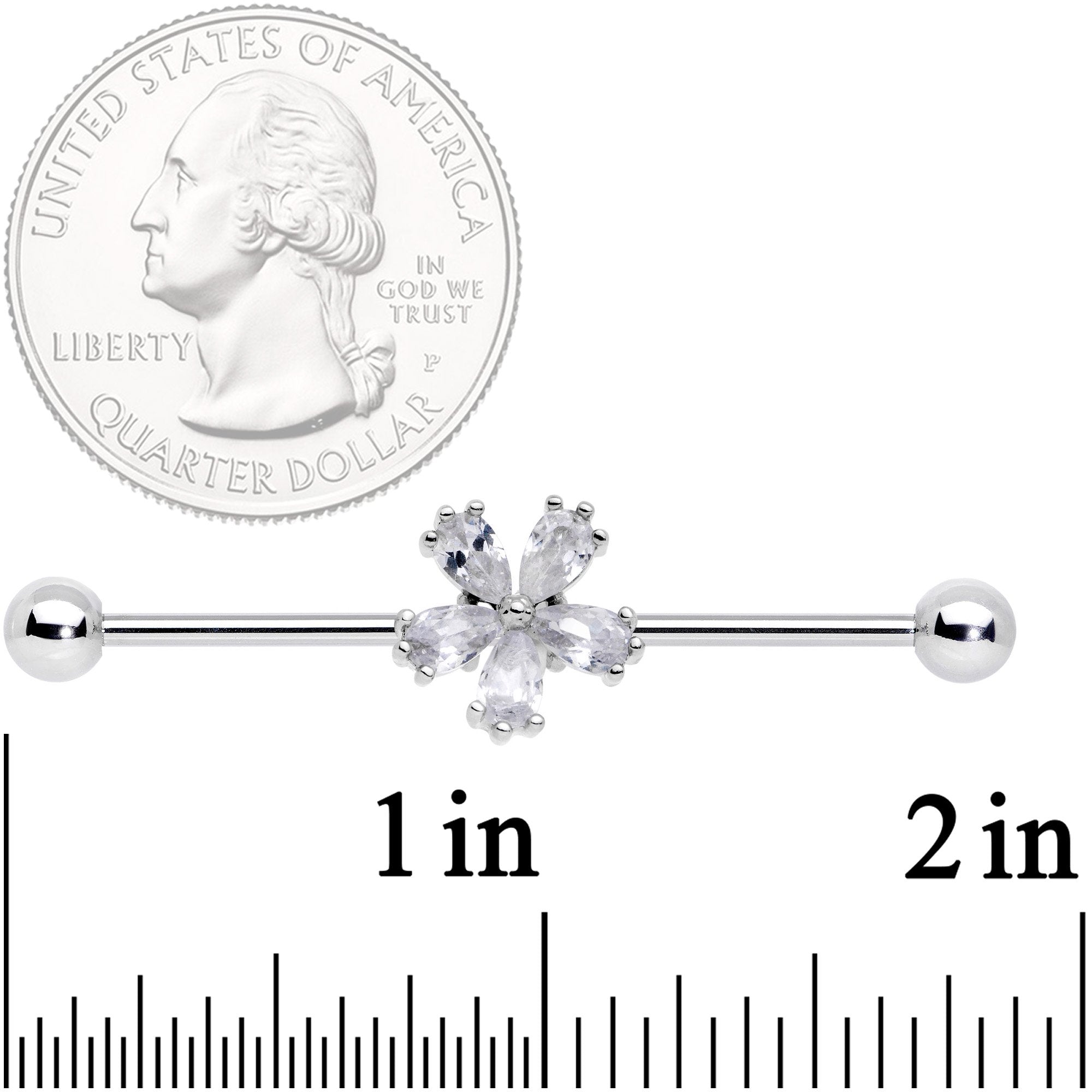 14 Gauge Clear CZ Gem Perfect Petals Flower Industrial Barbell 38mm