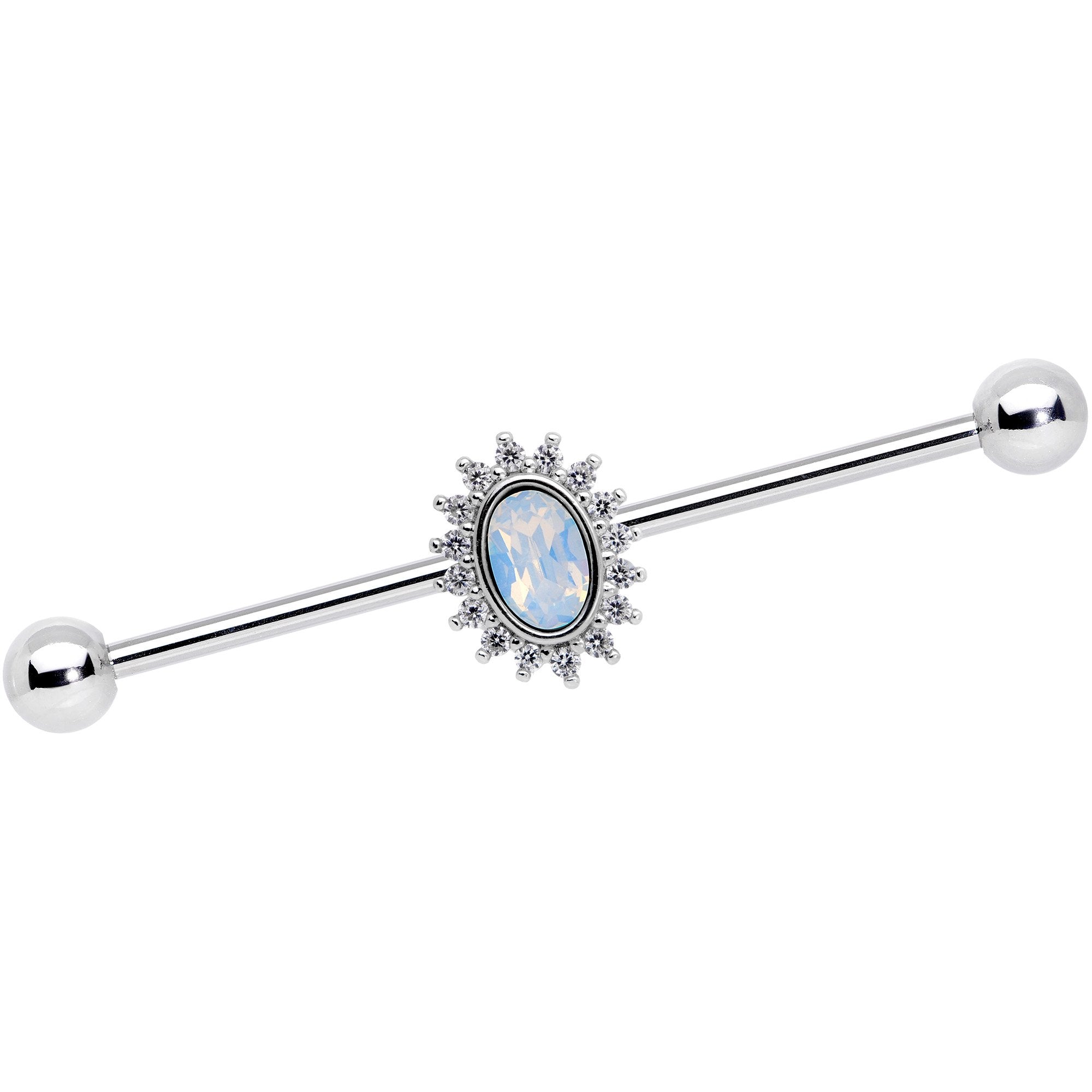 14 Gauge Clear CZ Gem White Faux Opal Framed Industrial Barbell 38mm