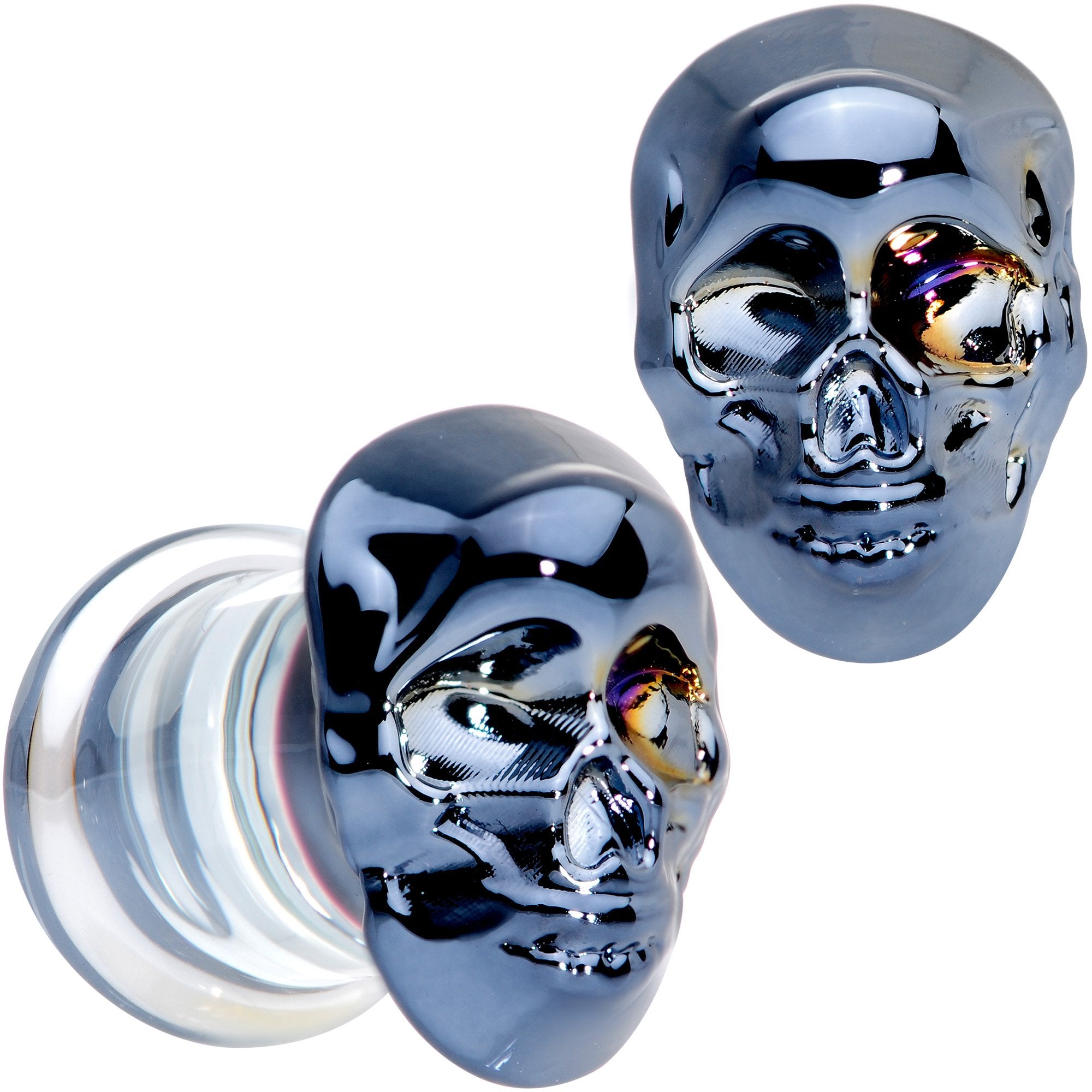 Dark Blue Glass Smiling Halloween Skull Double Flare Plug Set