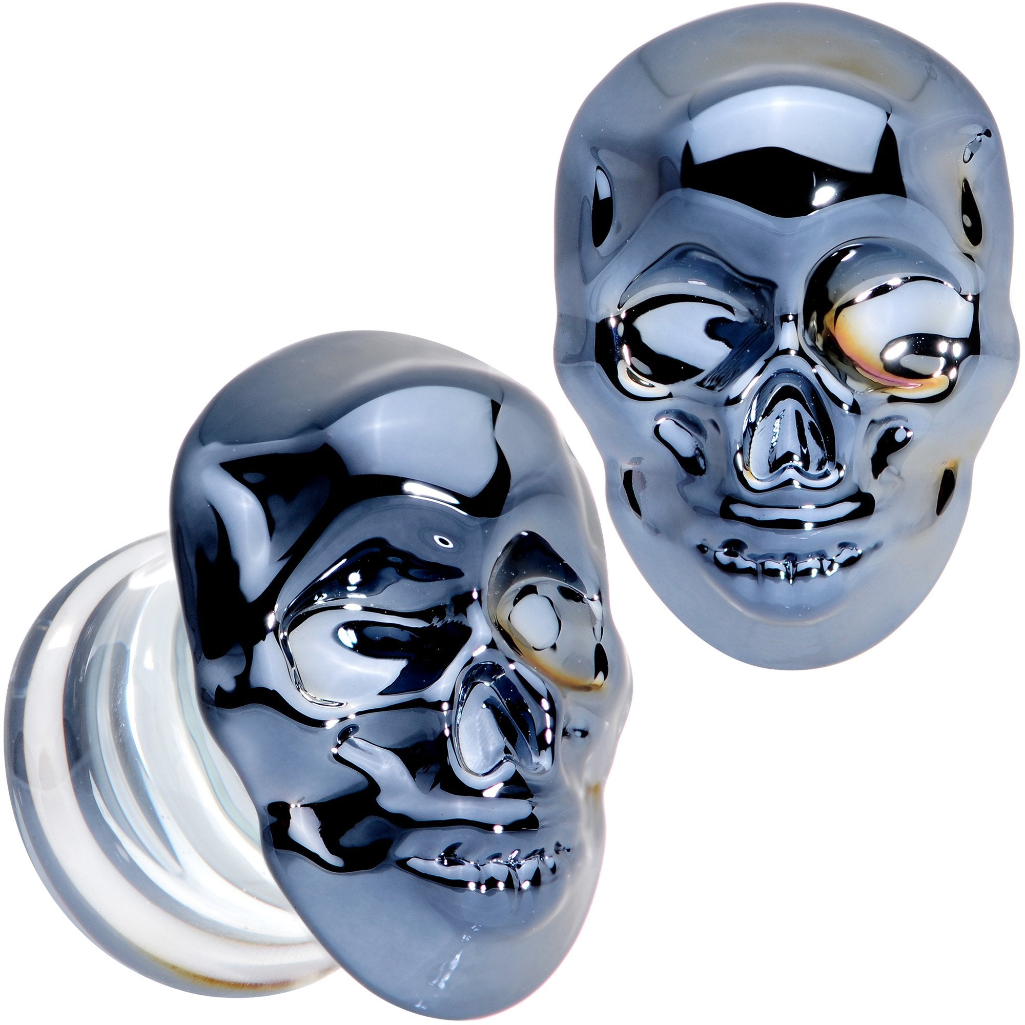 Dark Blue Glass Smiling Halloween Skull Double Flare Plug Set