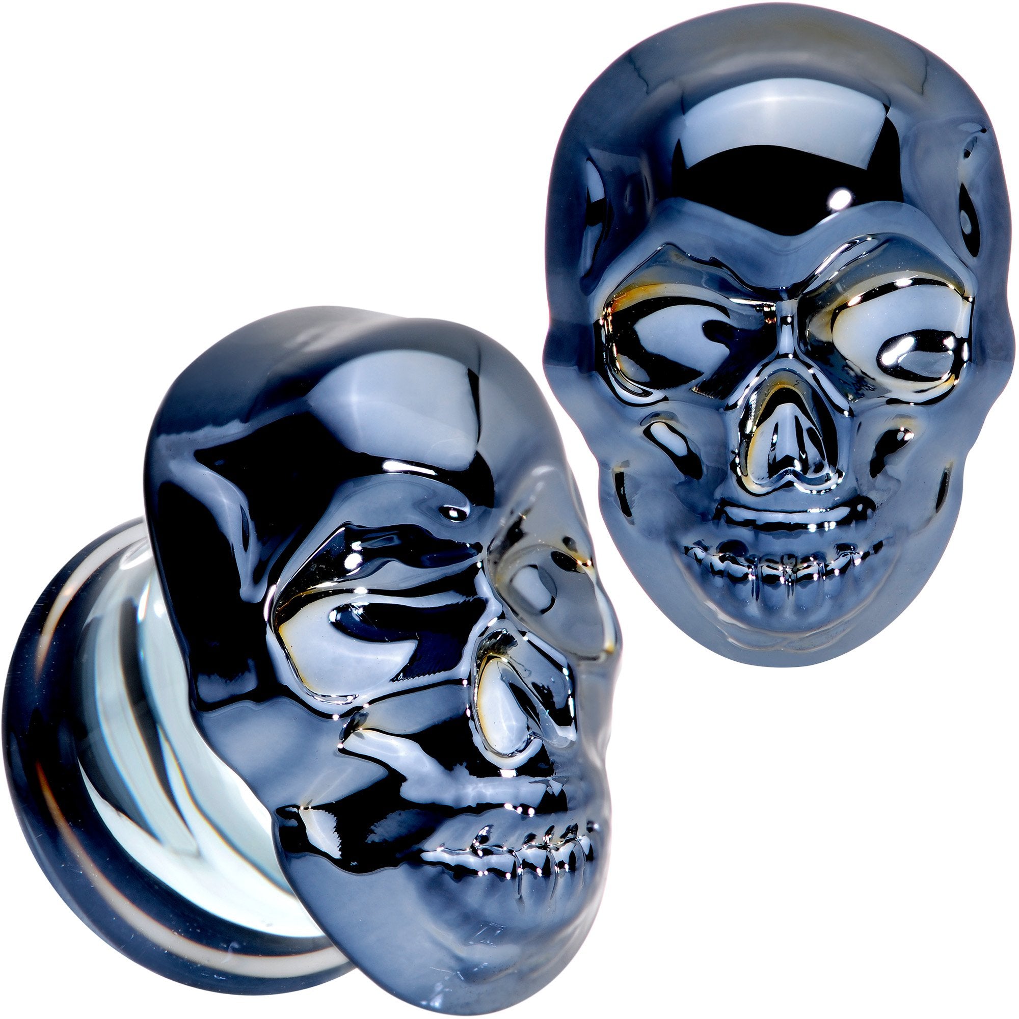 Dark Blue Glass Smiling Halloween Skull Double Flare Plug Set