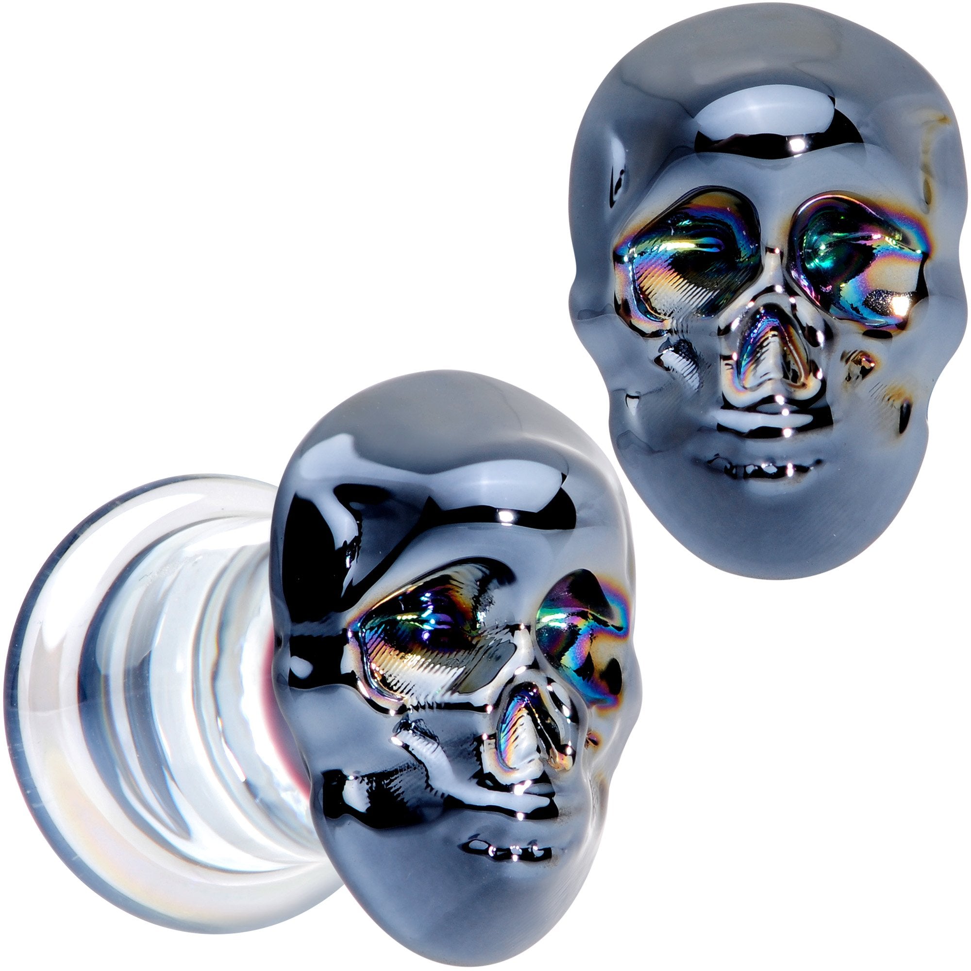 Dark Blue Glass Smiling Halloween Skull Double Flare Plug Set